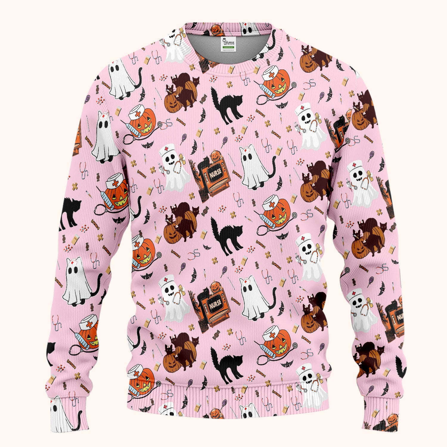 Halloween Scrub Set for Nurse - Cute Pumpkin Ghost Cat Medical Pants and V Neck Top - Spooky Uniform for Women RN CNA LPN