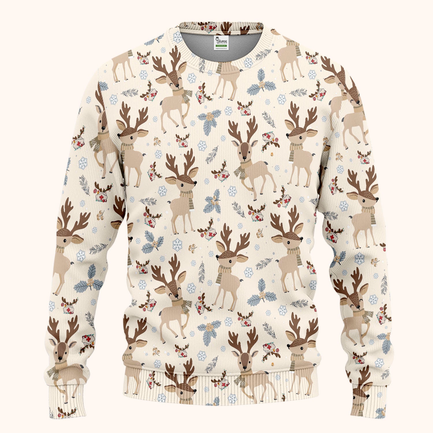 Reindeer Christmas Scrub Set - Cozy Beige Holiday Nurse Shirt with Cute Deer Pattern - Festive Medical Scrubs Pants and V Neck Top