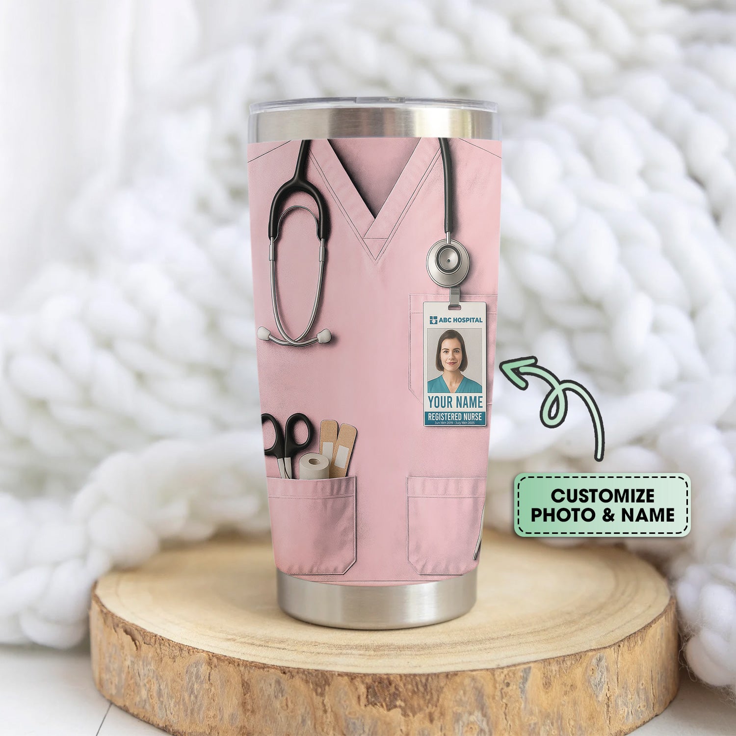 Custom Nurse Tumbler - Stethoscope & Hospital ID Badge Design - Personalized Gift with Custom Text & Photo for RN CNA LPN Healthcare Workers
