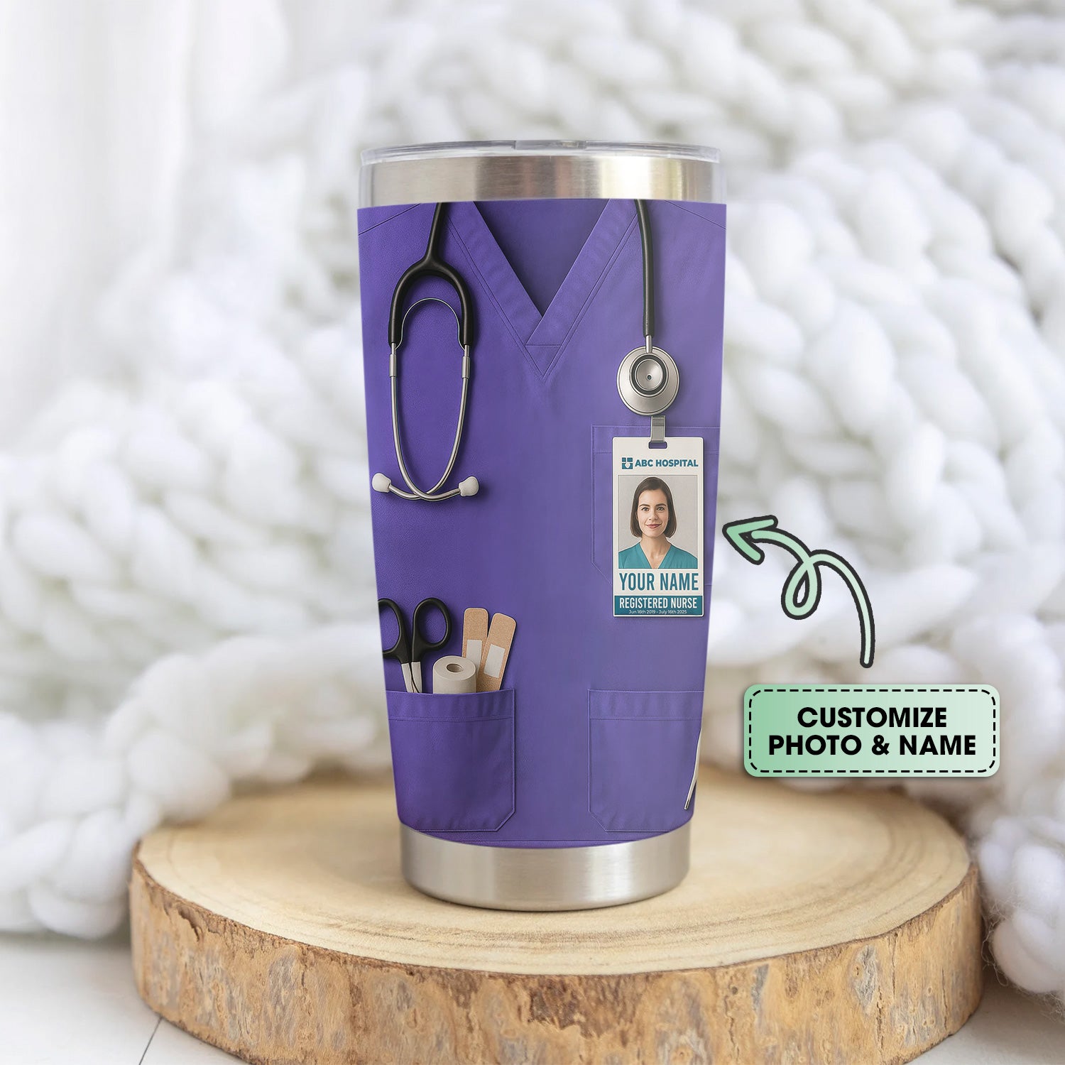 Custom Nurse Tumbler - Stethoscope & Hospital ID Badge Design - Personalized Gift with Custom Text & Photo for RN CNA LPN Healthcare Workers