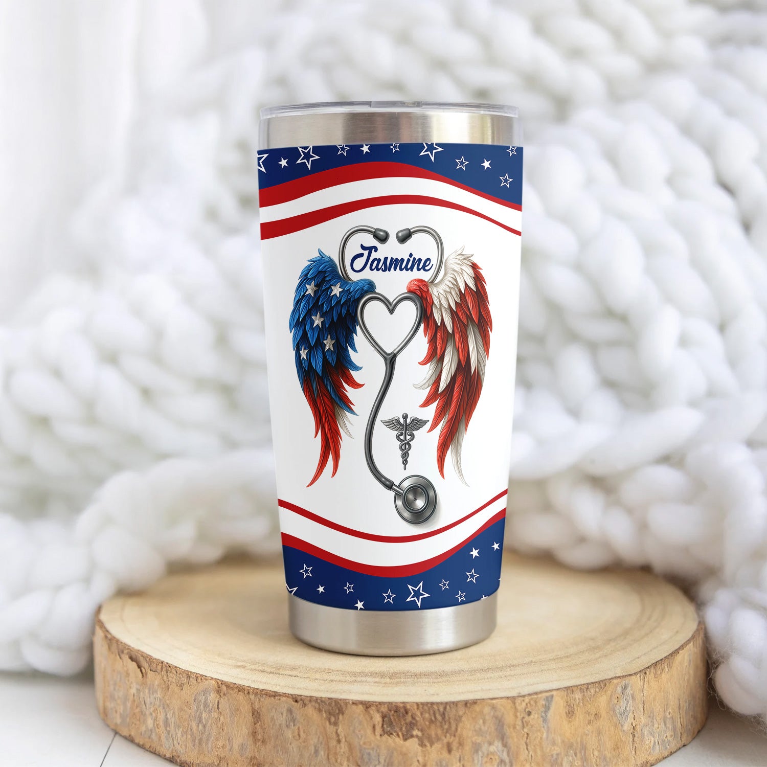 Personalized Nurse Tumbler - American Flag Angel Wings Stethoscope - The Wings Came With The Scrubs Gift