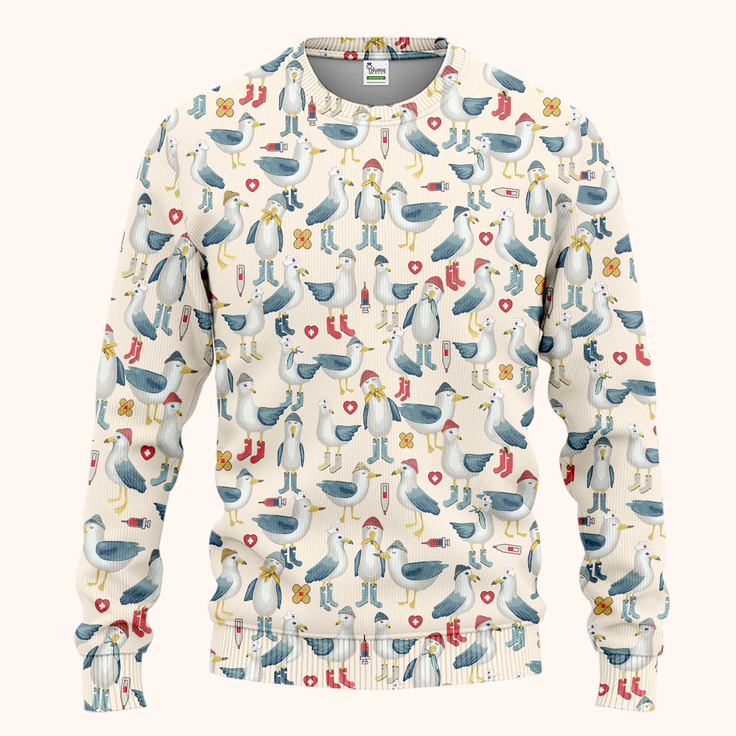 Funny Seagull Nurse Scrub Set - Cute Bird with Medical Icons Scrubs Pants and V Neck Top - Comfortable Scrubs for Women
