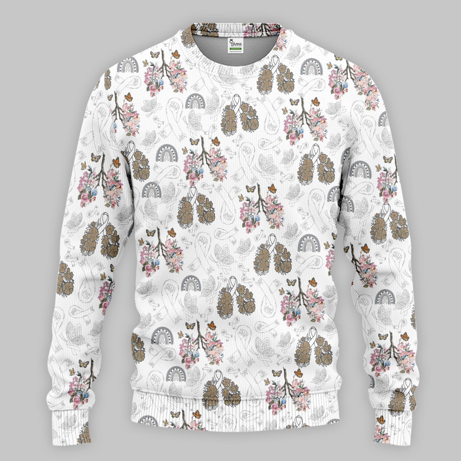 Lung Cancer Awareness Scrub Sets for Nurse - White Ribbon Butterfly Floral Scrub Pants and V Neck Top - Breathable Med Uniform for Women