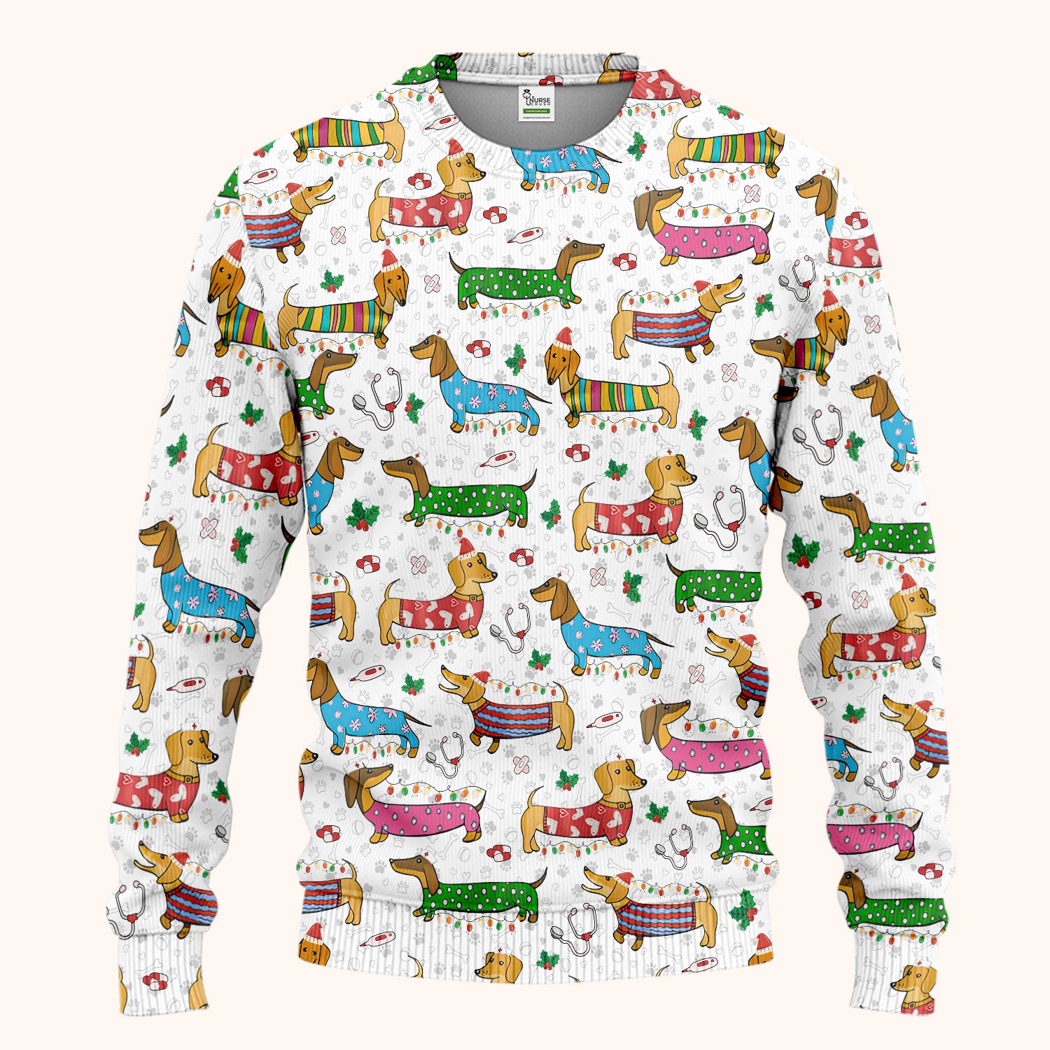 Christmas Scrub Set for Women - Funny Dachshund Scrubs Pants and V Neck Top - Cute Holiday Medical Uniform Gift for RN LPN CNA