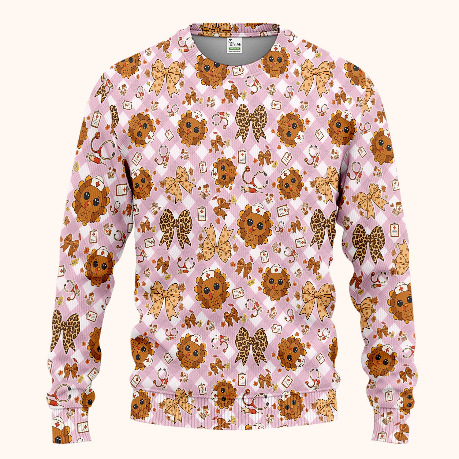 Thanksgiving Turkey Scrub Set for Nurses - Cute Fall Leaves and Bow Scrubs Pants and V Neck Top - Autumn Nursing Gift for Her