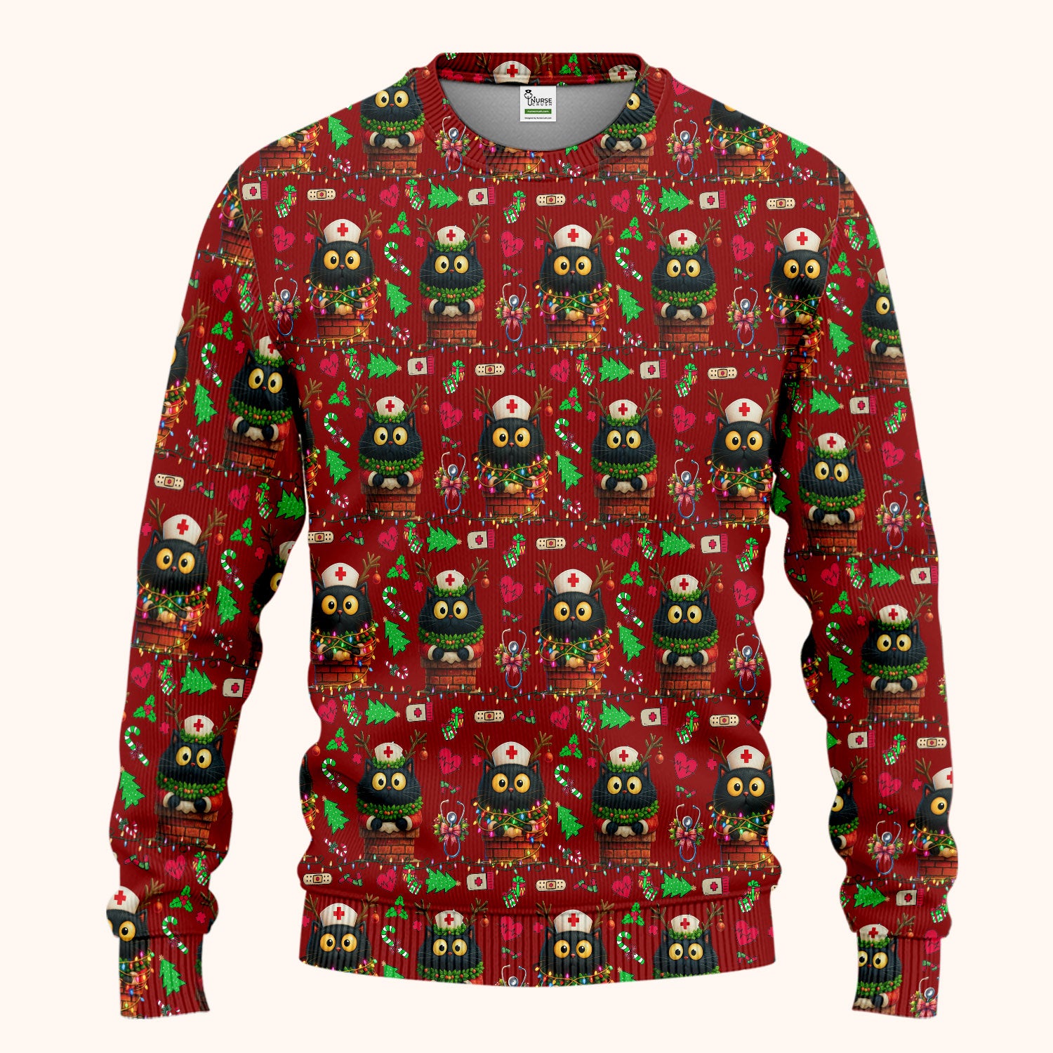 Christmas Black Cat Scrub Set for Nurse - Cute Reindeer Cat with Xmas Lights Pants and V Neck Top - Festive Holiday Medical Uniform