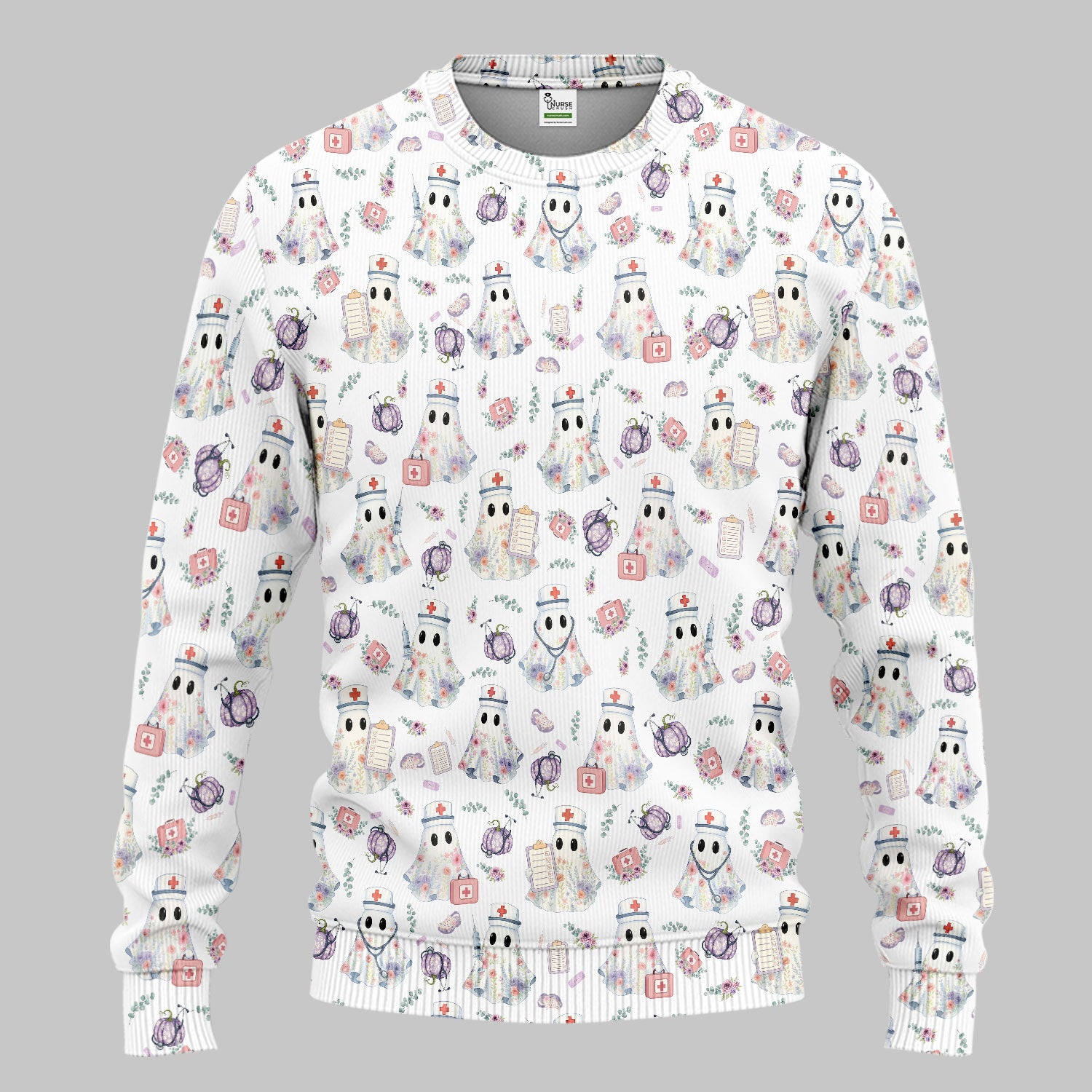 Ghost Nurse Medical Uniform - Cute Boo Halloween Scrub Set - Purple Pumpkin Scrub Pants - Funny Halloween Sweatshirts