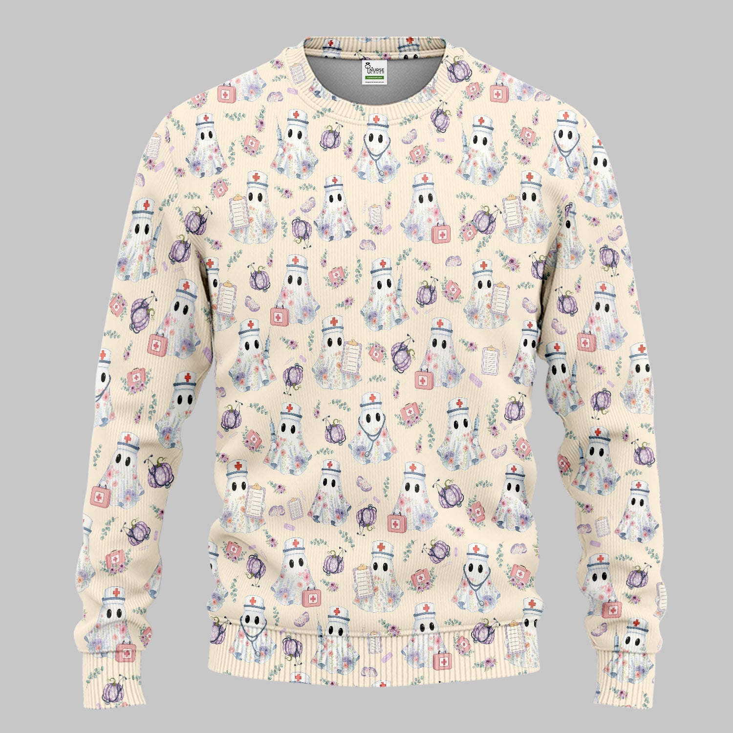 Ghost Nurse Medical Uniform - Cute Boo Halloween Scrub Set - Purple Pumpkin Scrub Pants - Funny Halloween Sweatshirts