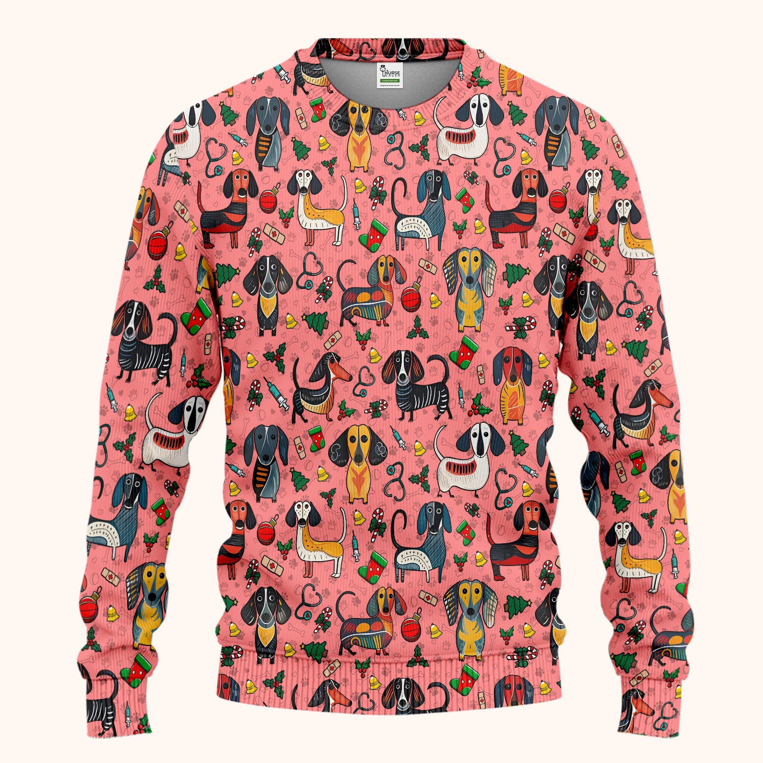 Dachshund Christmas Scrub Set - Cute Wiener Dog Pants and V Neck Top - Holiday Medical Uniform