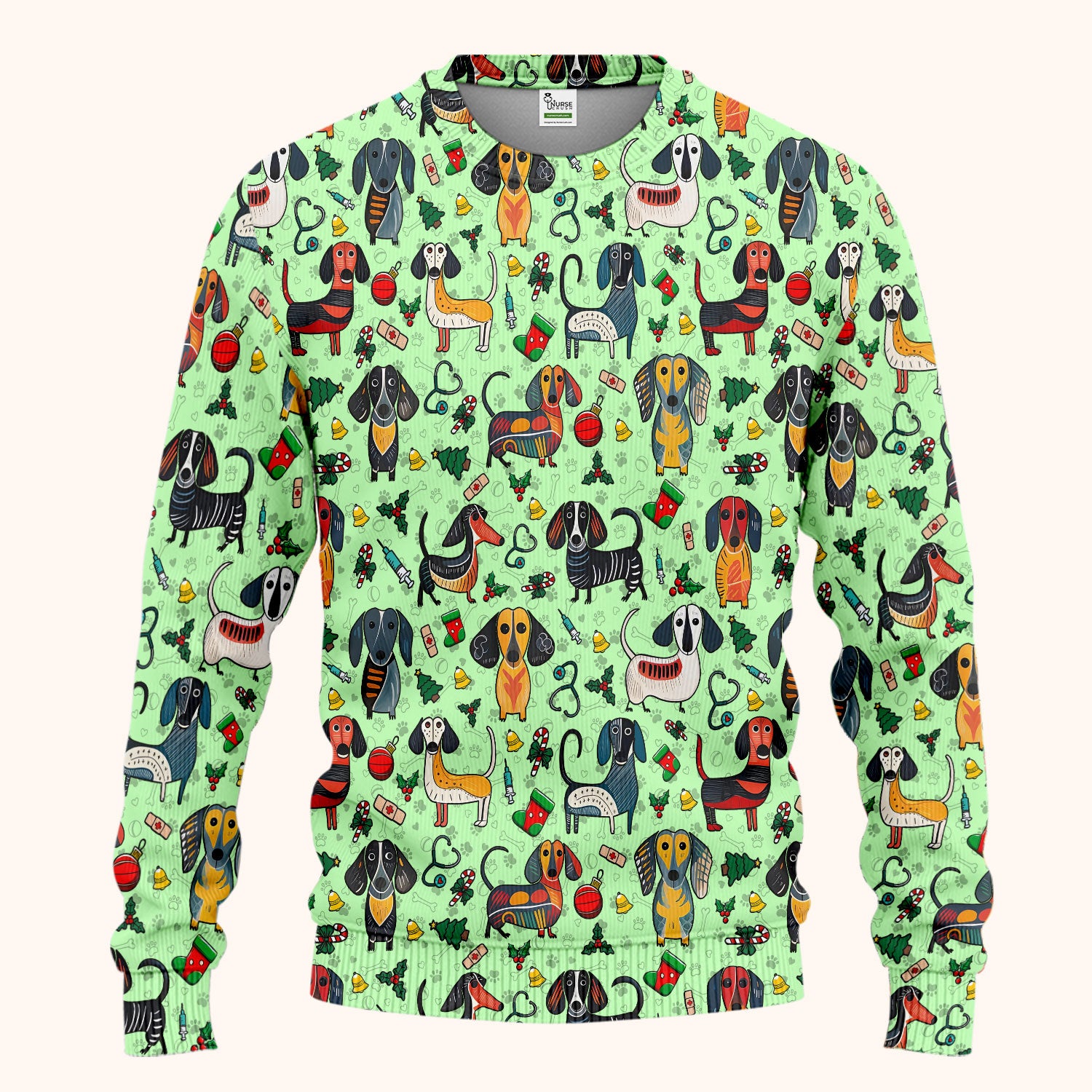 Dachshund Christmas Scrub Set - Cute Wiener Dog Pants and V Neck Top - Holiday Medical Uniform