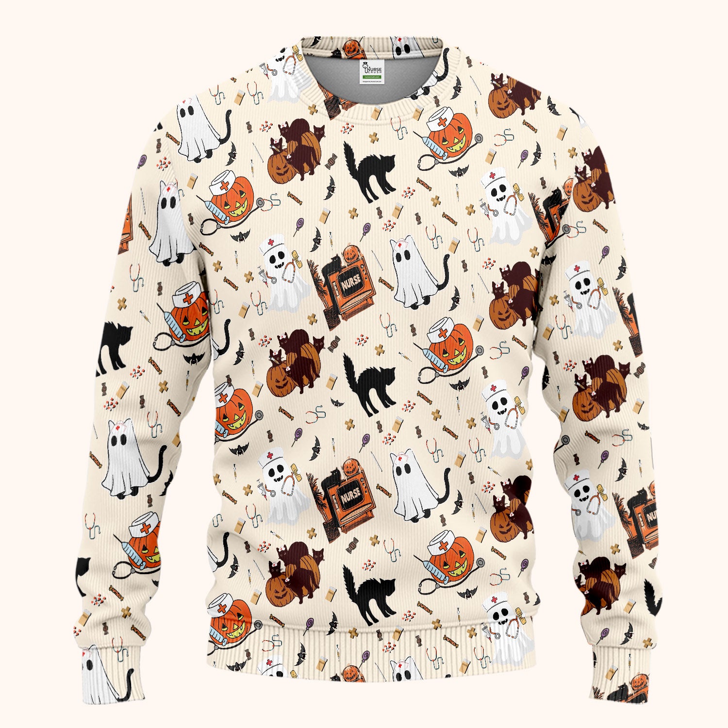 Halloween Scrub Set for Nurse - Cute Pumpkin Ghost Cat Medical Pants and V Neck Top - Spooky Uniform for Women RN CNA LPN