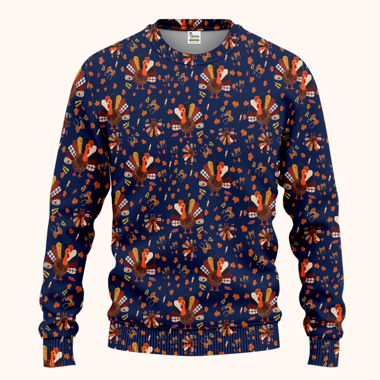 Funny Thanksgiving Nurse Scrub Sets - Fall Leaves and Pumpkin Scrub Pants and V Neck Top - Autumn Turkey Med Uniform