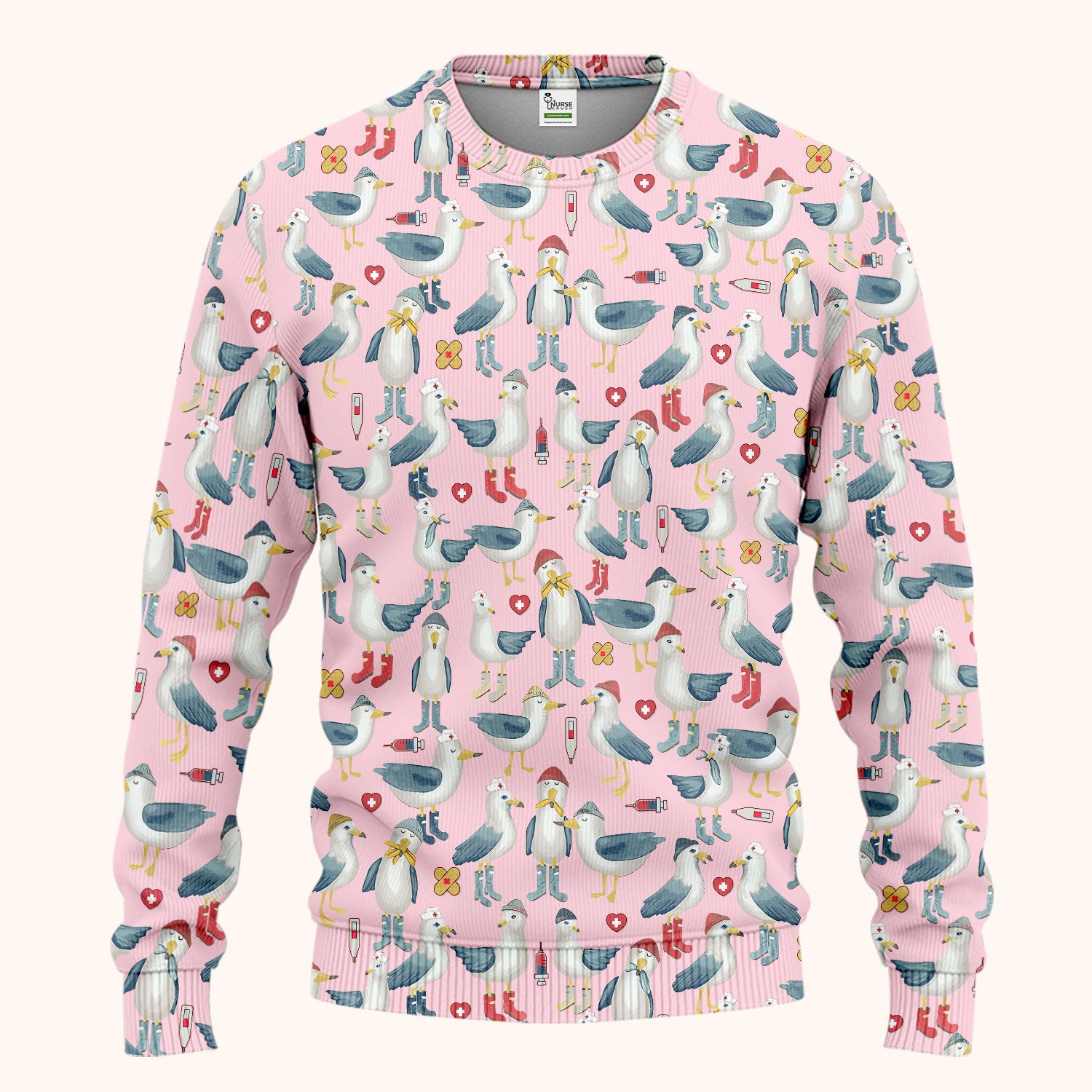 Funny Seagull Nurse Scrub Set - Cute Bird with Medical Icons Scrubs Pants and V Neck Top - Comfortable Scrubs for Women