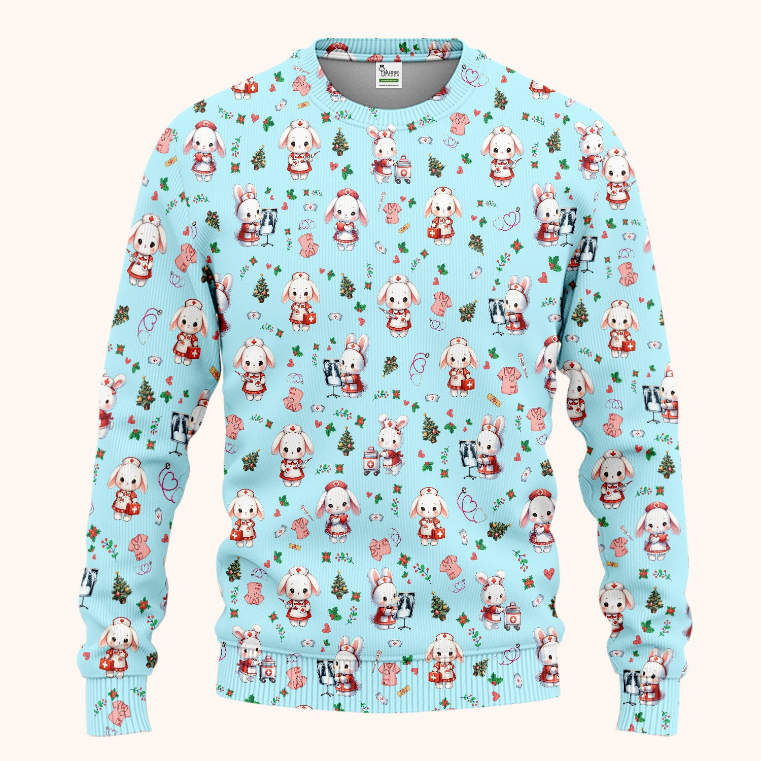 Cute Bunny Scrub Set for Nurse - Adorable Christmas Rabbit Pants and V Neck Top - Funny Holiday Medical Shirt Gift