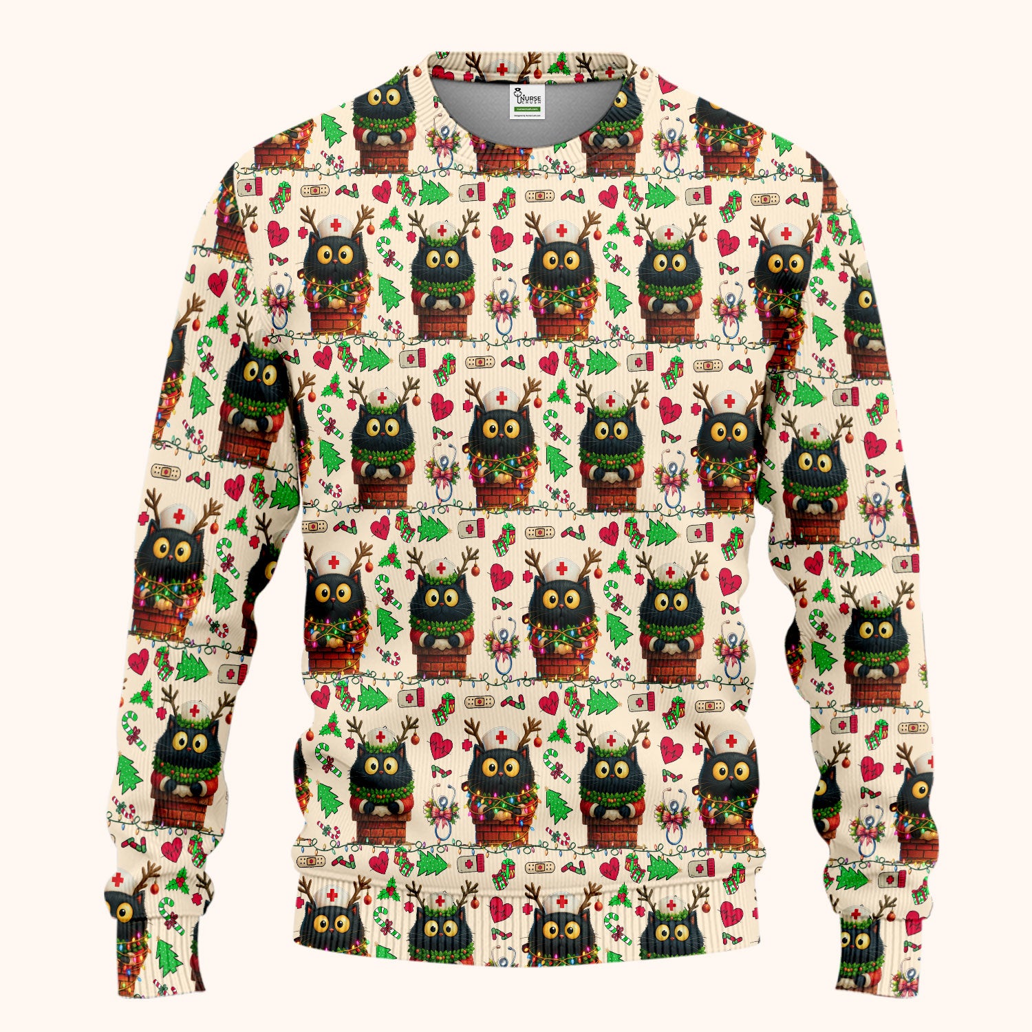 Funny Black Cat Scrub Set for Nurse - Cute Reindeer Cat with Christmas Lights - Festive Holiday Medical Uniform - Kitten Lover Gift