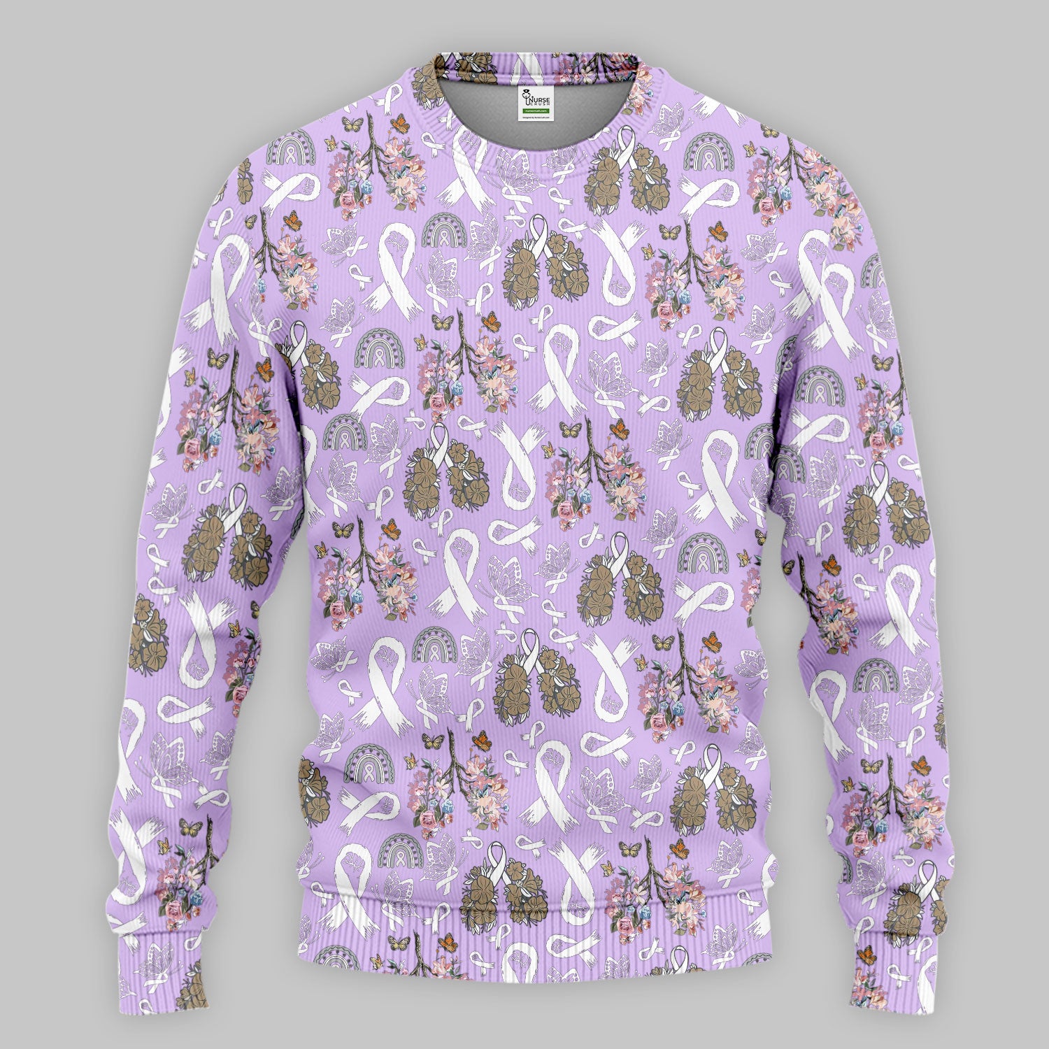 Lung Cancer Awareness Scrub Sets for Women - White Ribbon Butterfly Floral Scrub Pants and V Neck Top - Comfortable Med Uniform for Her