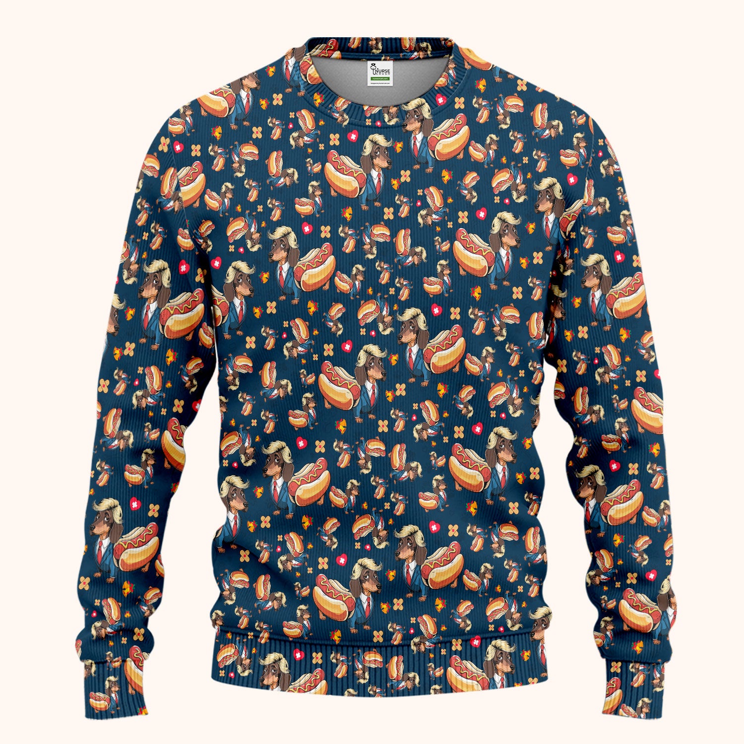 Dachshund Hot Dog Nurse Scrub Set - Funny Sausage Dog Pants and V Neck Top - Medical Uniform Gift