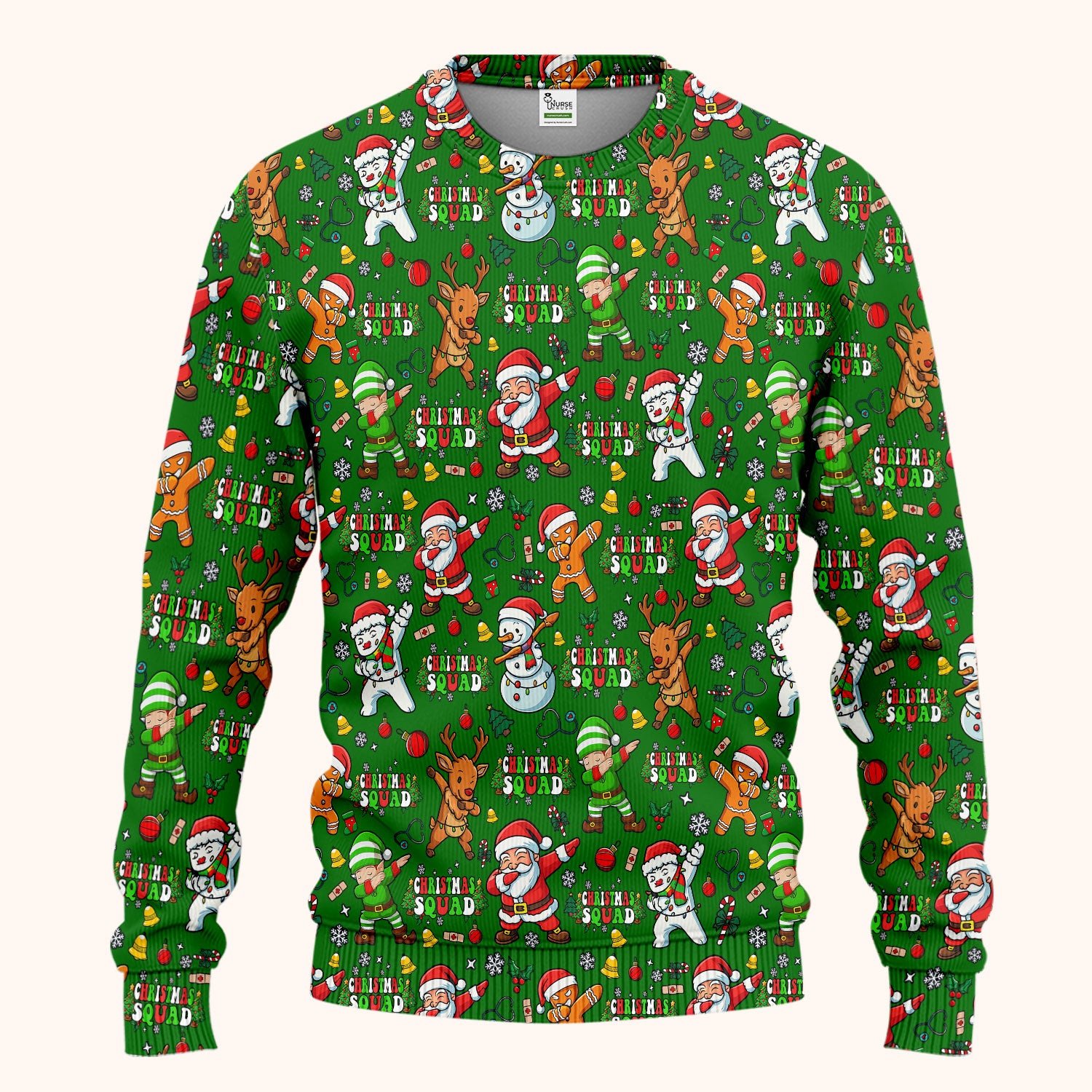 Christmas Squad Scrub Set - Dancing Santa, Reindeer & Elf Pants and V Neck Top - Funny Holiday Gift for Nurses, Doctors & Vet Techs