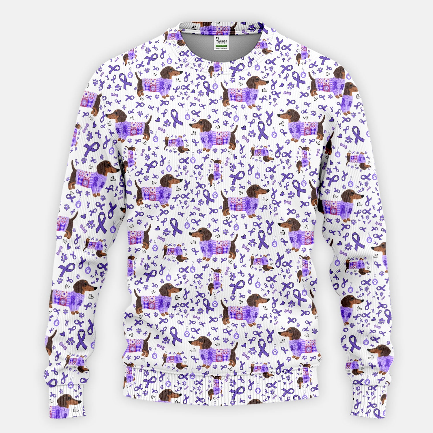 Purple Ribbon Dachshund Scrub Sets - Cute Awareness Dog Paw Prints Scrub Pants and V Neck Top - Support Lupus Cancer Med Uniform