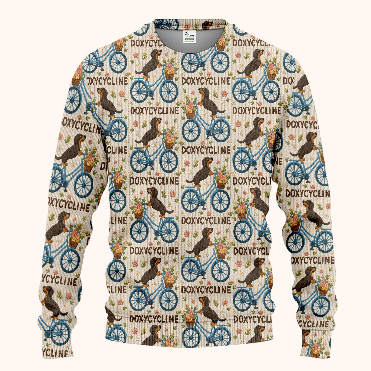 Doxycycline Pharmacy Pun Scrub Set - Dachshund on Bicycle Pharmacists Scrubs Pants and V Neck Top - Veterinary Technicians Gift