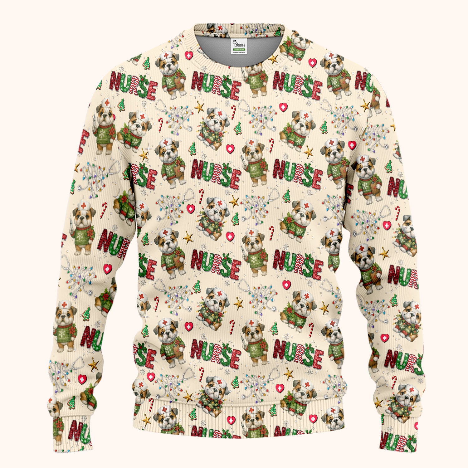 Bulldog Christmas Nurse Scrub Set - Funny Dog Scrubs Pants and V Neck Top - Cute Holiday Medical Uniform
