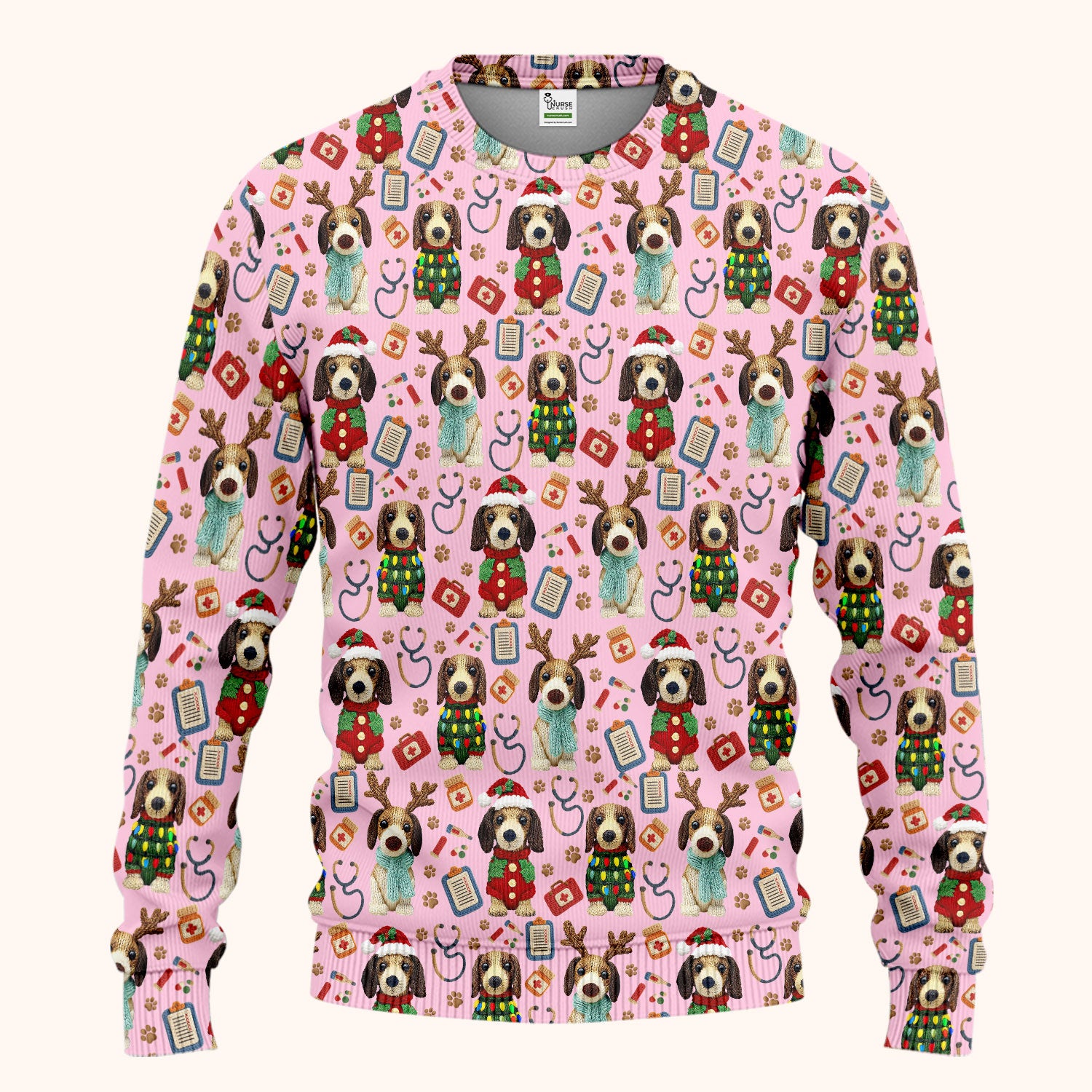 Christmas Wiener Dog Scrubs Set for Women - Cute Dachshund Christmas Scrub Pants and V Neck Top - Puppy Lover Medical Uniform Gift