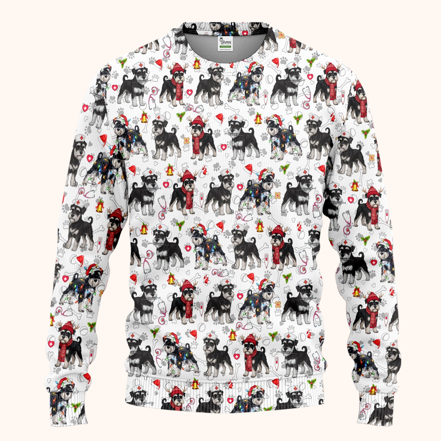 Christmas Schnauzer Scrub Set for Nurses - Cute Dog Holiday Scrubs Pants and V Neck Top - Funny Santa Nursing Medical Shirt for Women