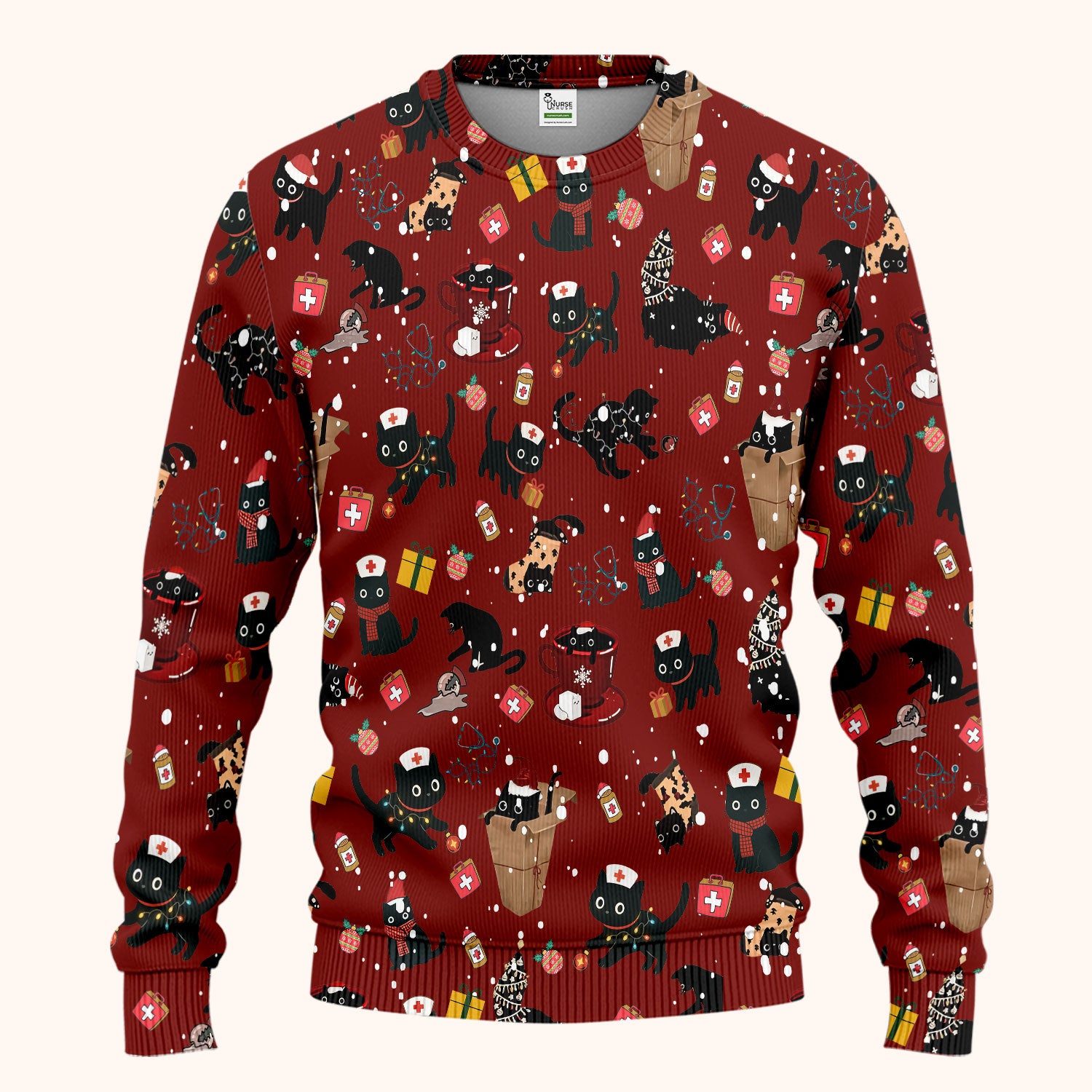 Christmas Cat Scrub Set for Nurse - Funny Black Cats Scrubs Pants and V Neck Top - Cute Holiday Medical Uniform for Women