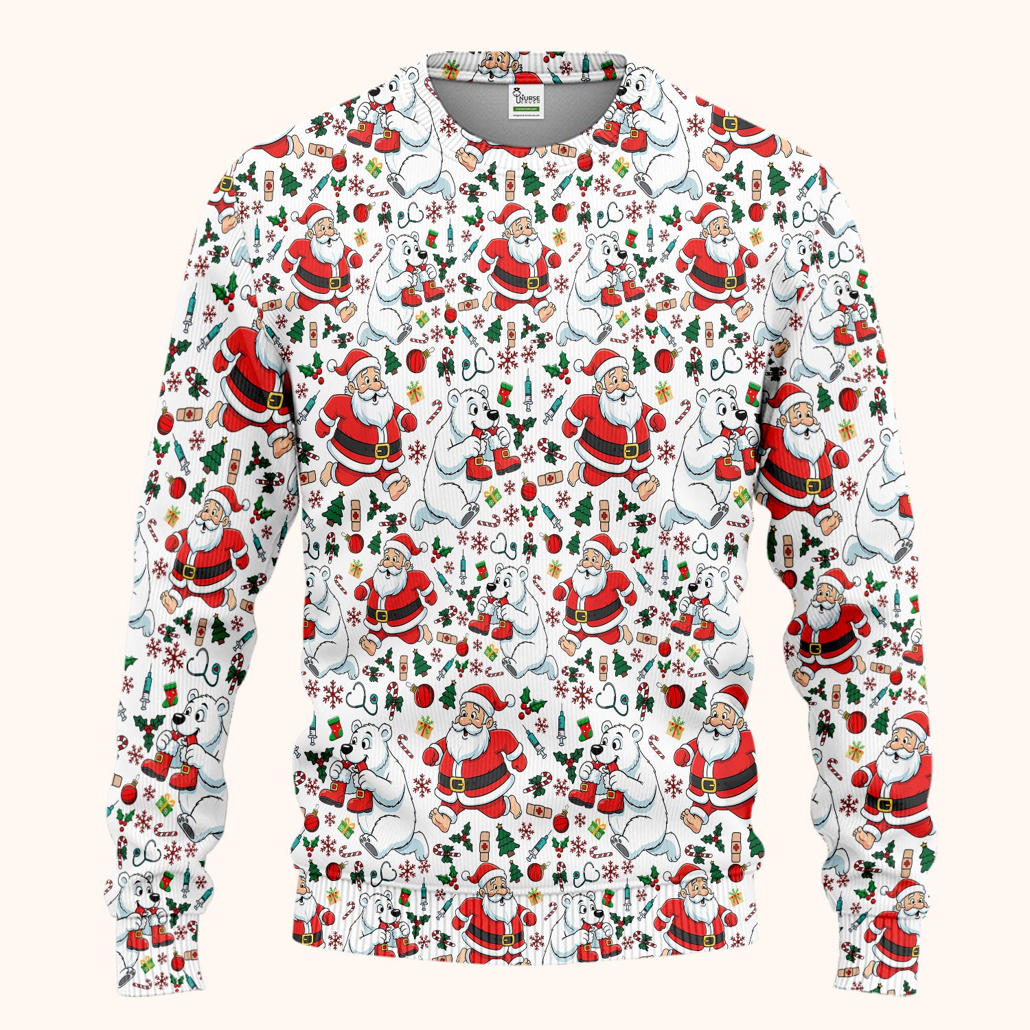 Christmas Santa & Polar Bear Scrub Set - Funny Holiday Nursing Pants and V Neck Top - Cute Winter Medical Uniform