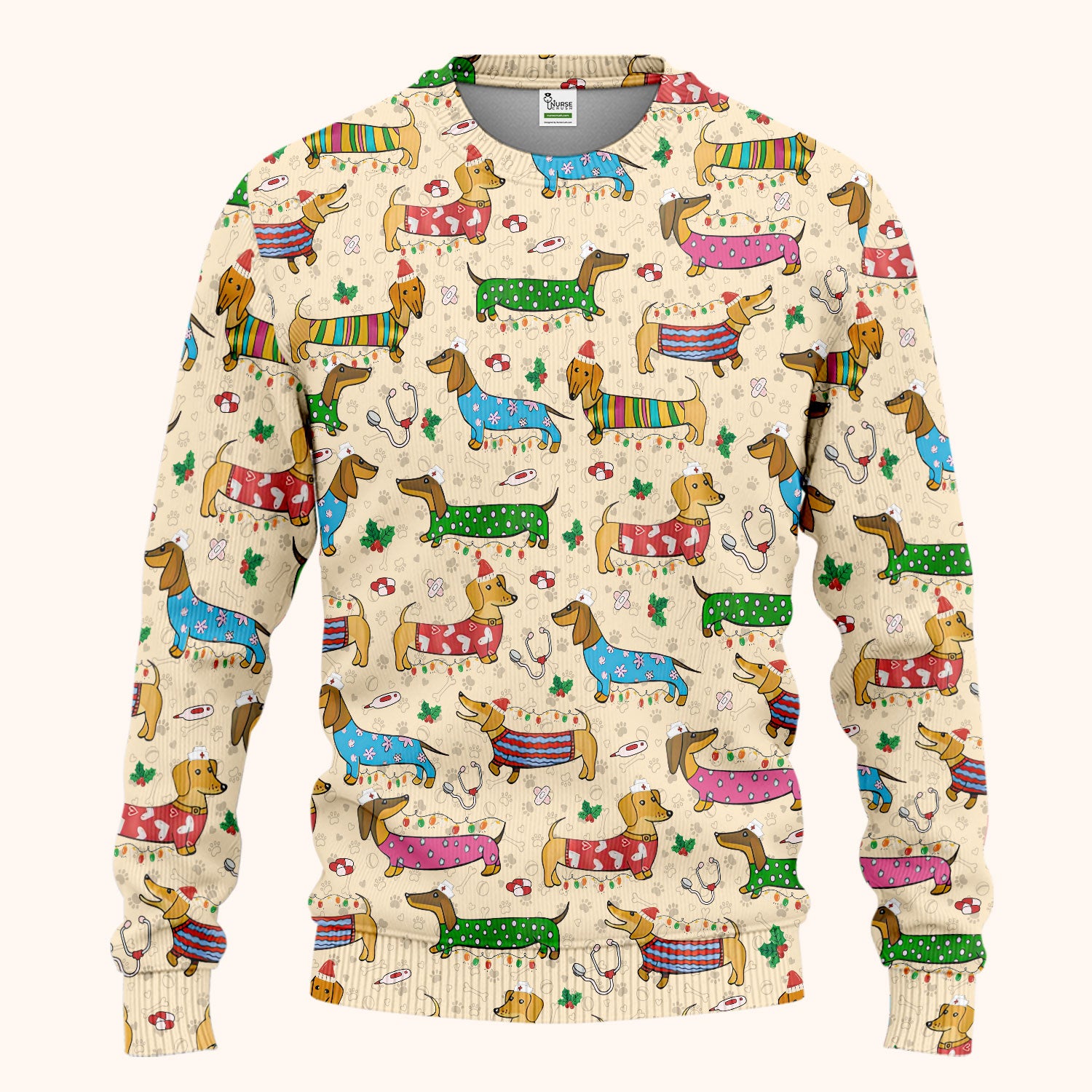 Christmas Dachshund Scrub Set for Nurses - Cute Wiener Dog in Holiday Outfit - Funny Medical Uniform Gift for Women RN LPN CNA