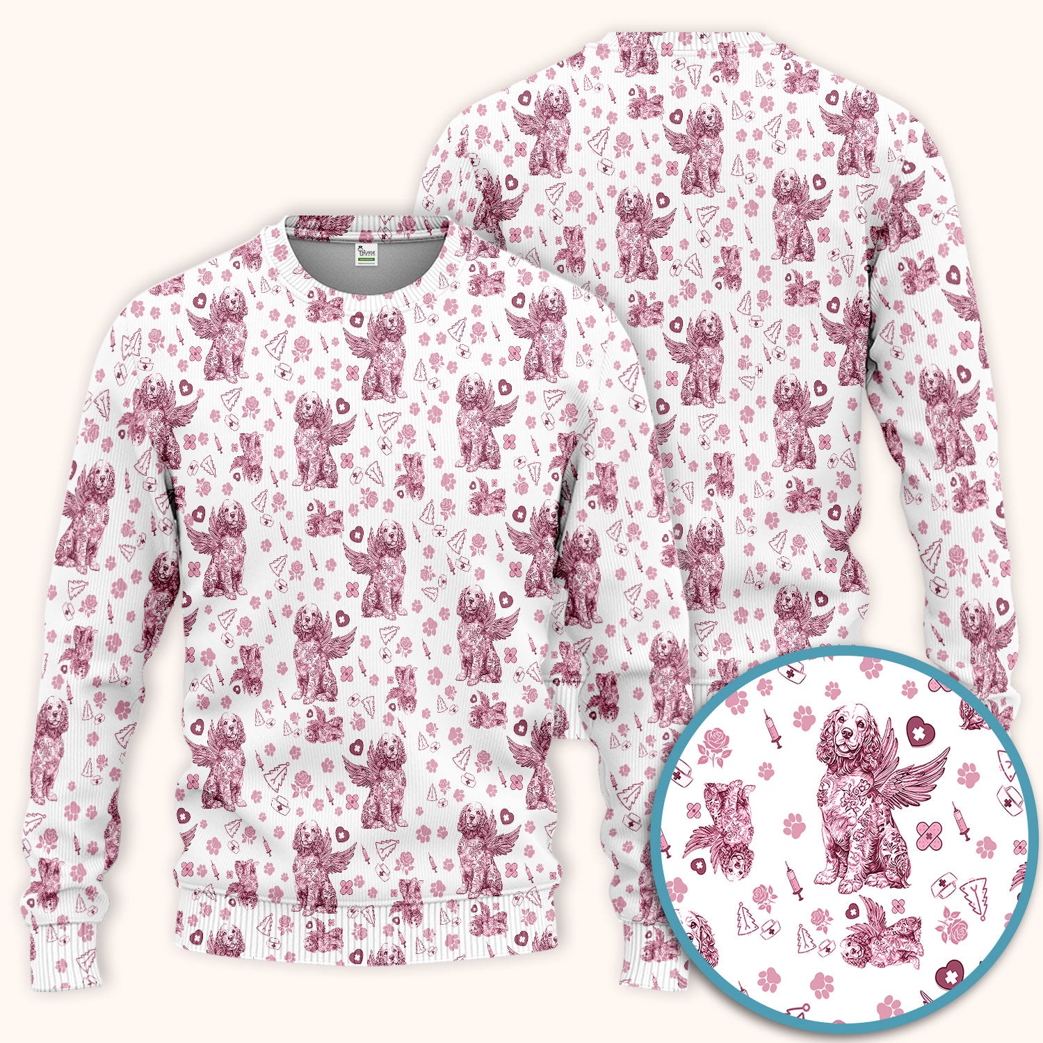 Toile De Jouy Scrub Set for Nurses - Angel Puppy Medical Uniform - Floral Dog in Heaven Gift for Women, Vet Techs, RN CNA LPN
