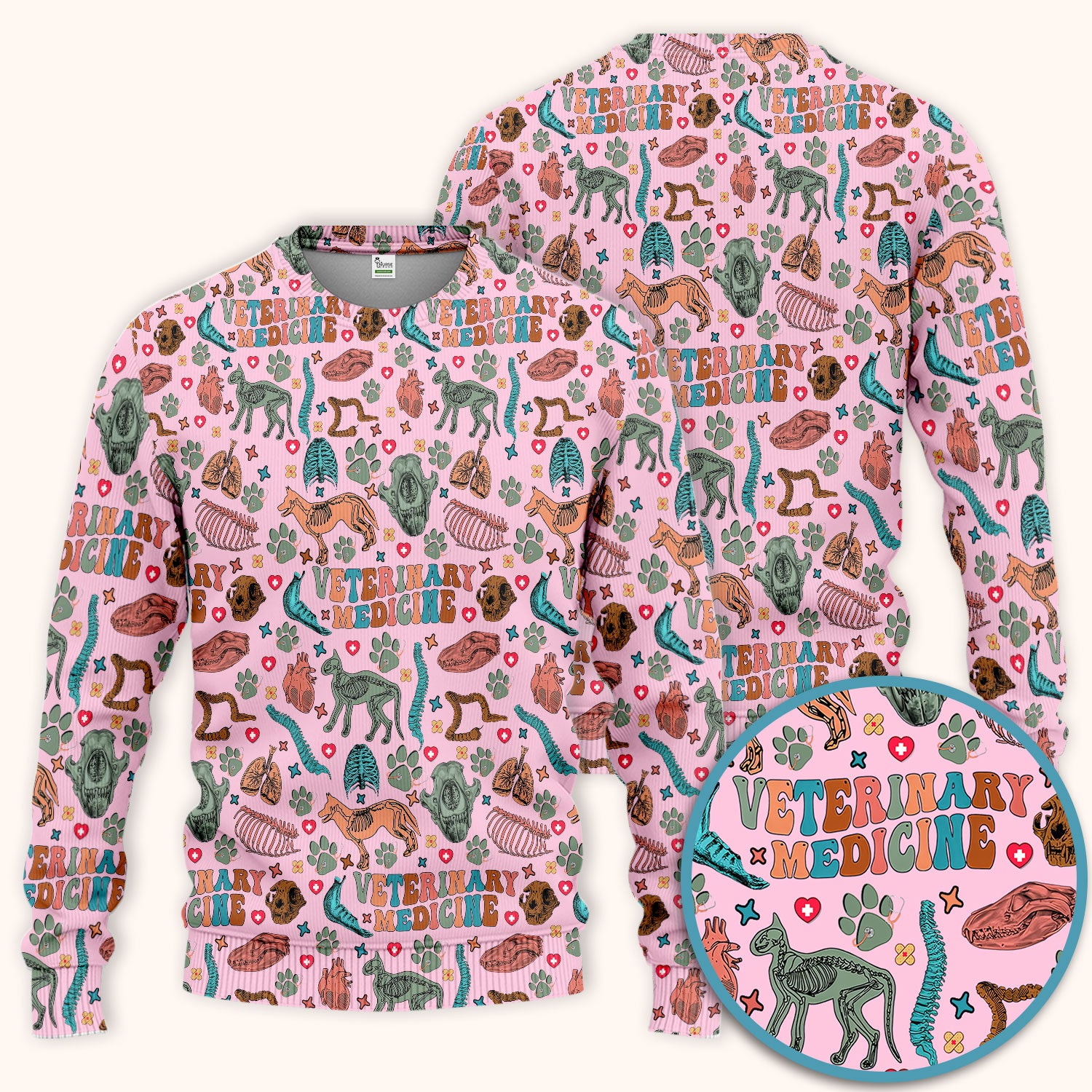 Veterinary Medicine Scrub Set - Cute Animal Anatomy Scrubs Pants and V Neck Top - Fun Vet Tech Nurse Uniform for Women
