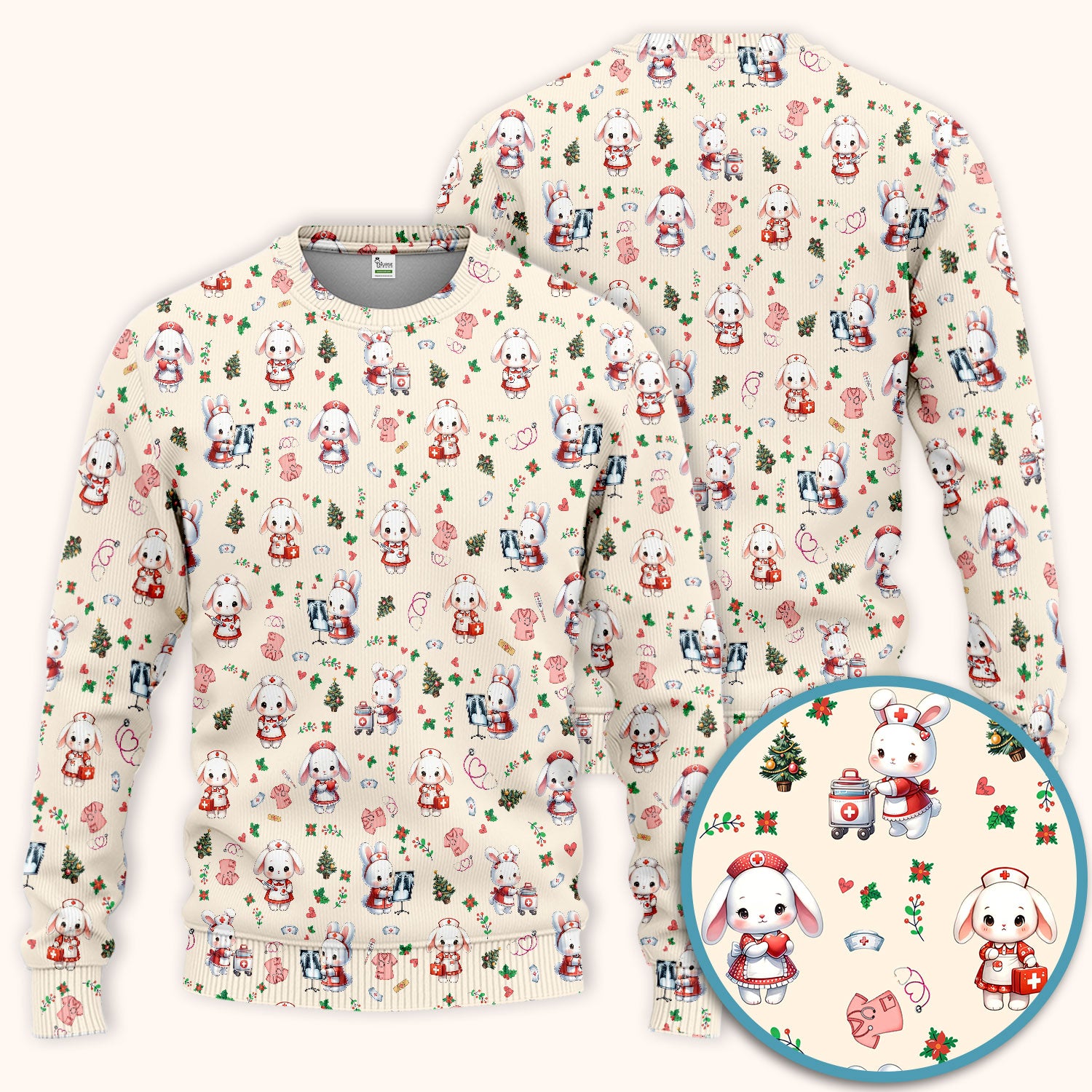 Cute Bunny Scrub Set for Nurse - Adorable Christmas Rabbit Pants and V Neck Top - Funny Holiday Medical Shirt Gift