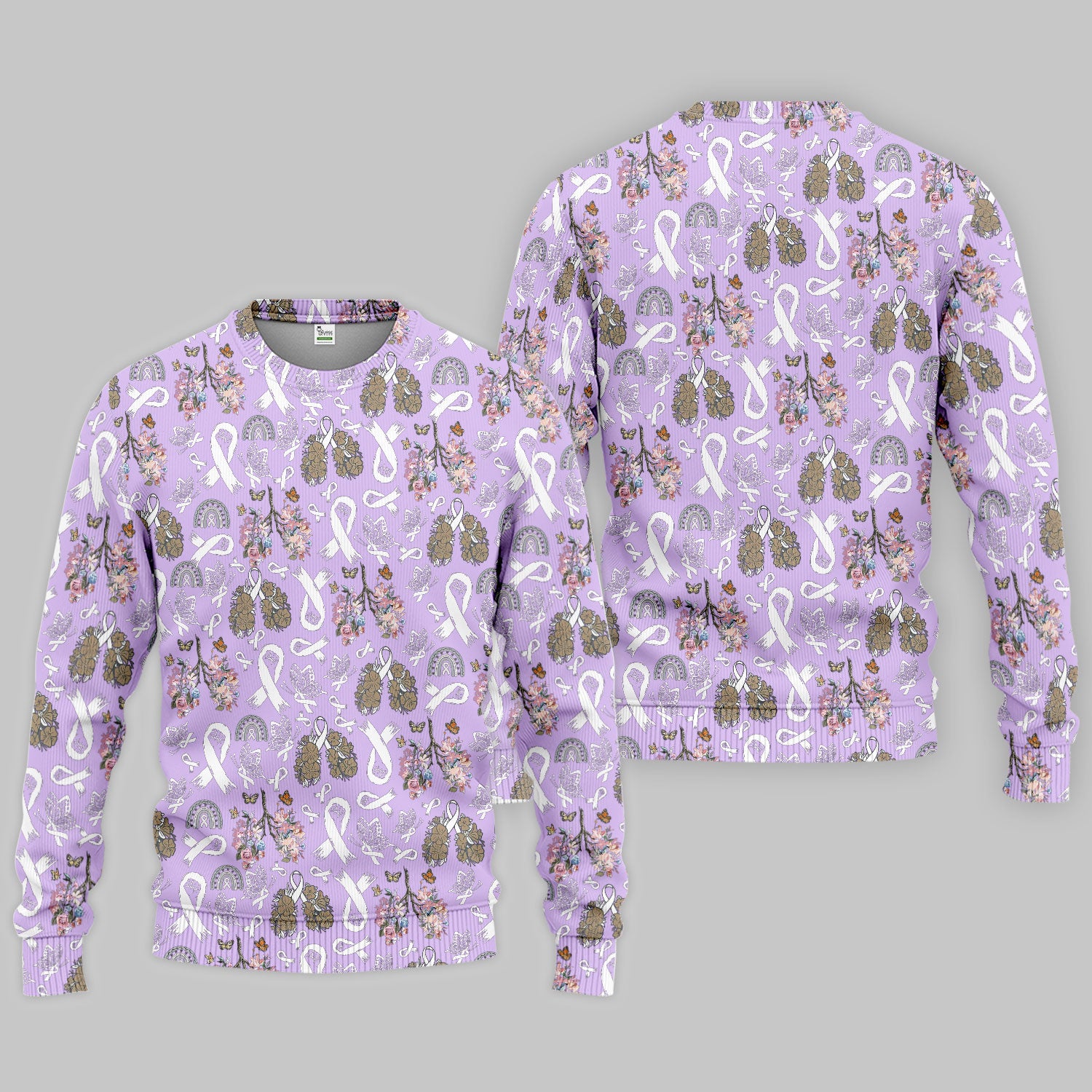 Lung Cancer Awareness Scrub Sets for Women - White Ribbon Butterfly Floral Scrub Pants and V Neck Top - Comfortable Med Uniform for Her