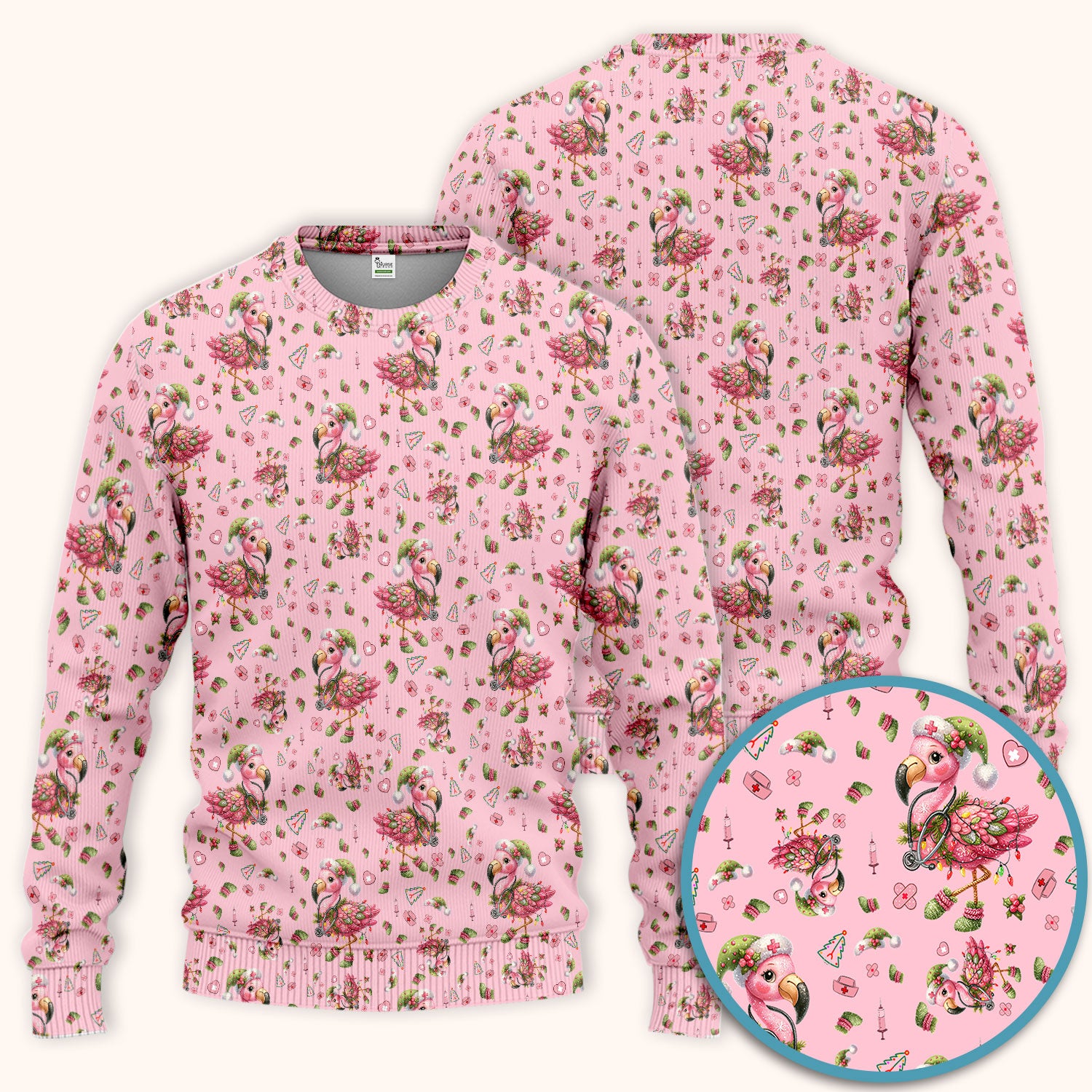 Pink Flamingo Christmas Scrub Set - Cute Flamingo Scrubs Pants and V Neck Top - Fun Christmas Medical Uniform