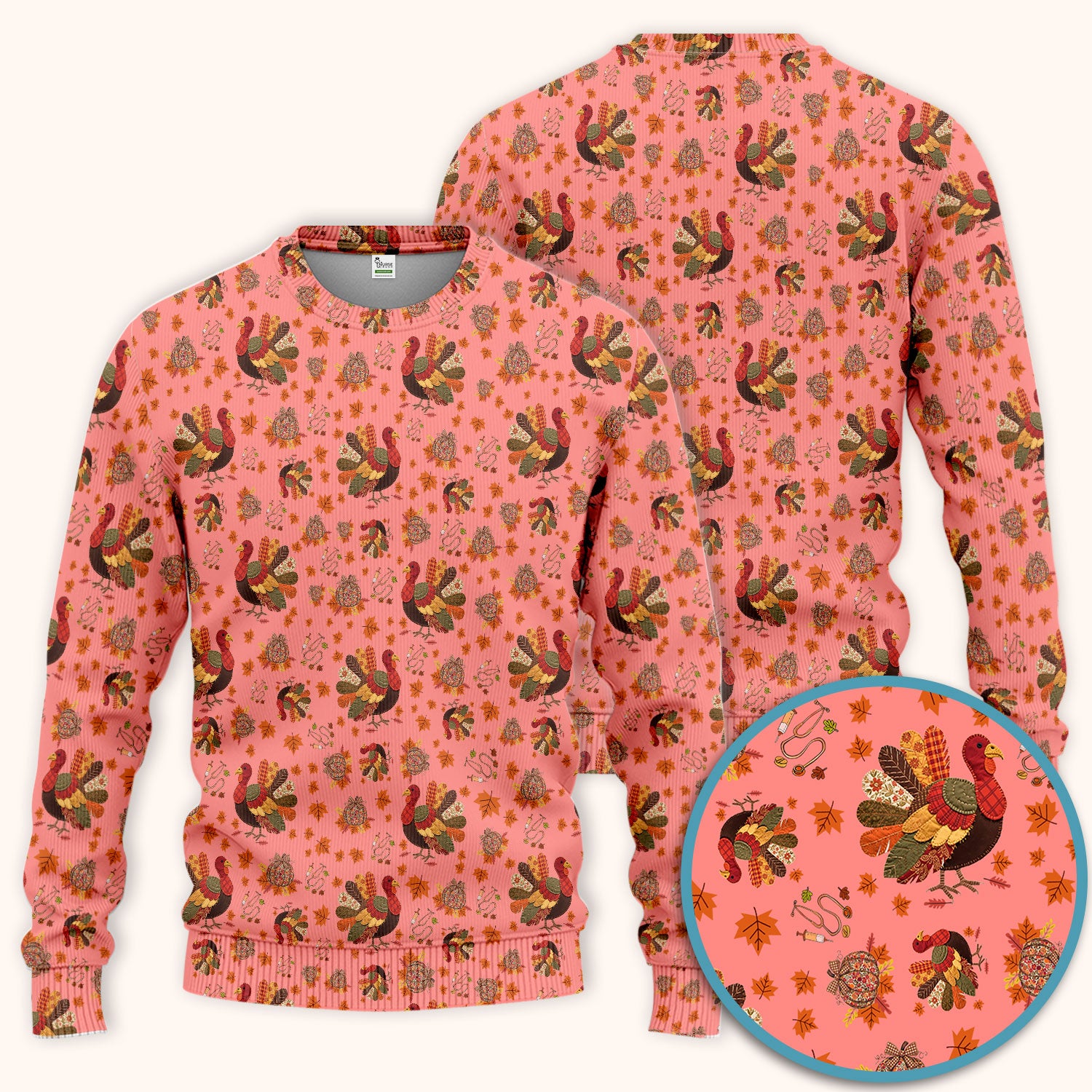 Thanksgiving Turkey Nurse Scrub Sets for Women - Fall Leaves Scrub Pants and V Neck Top - Autumn Nursing Uniform