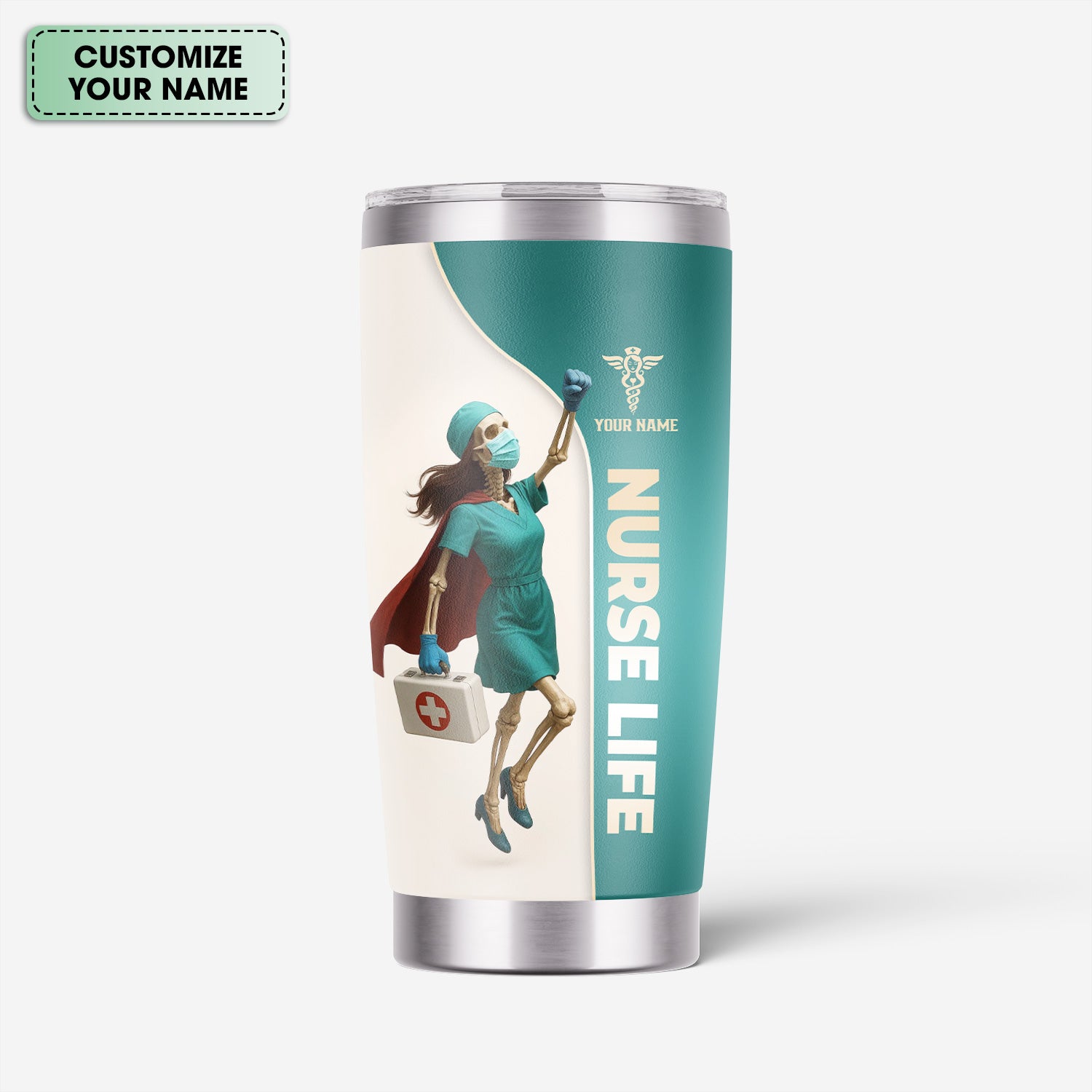 Nurse Superhero Tumbler - Personalized Skeleton Nurse Travel Mug - Custom Gift for RN, LPN, CNA