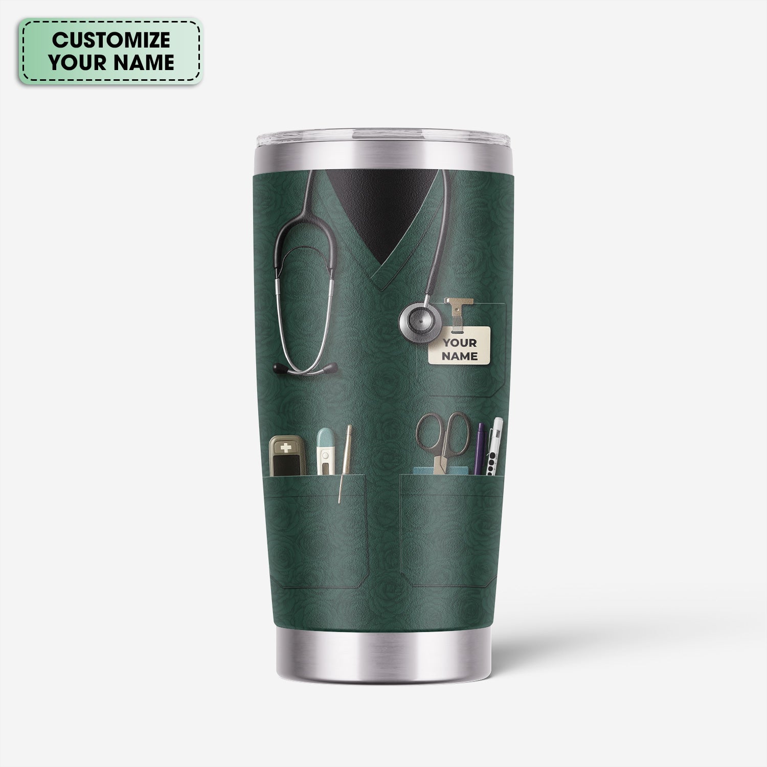 Custom Nurse Tumbler with Name - Green Scrubs Travel Mug with Medical Tools - Gift for RN CNA LPN Nursing Student