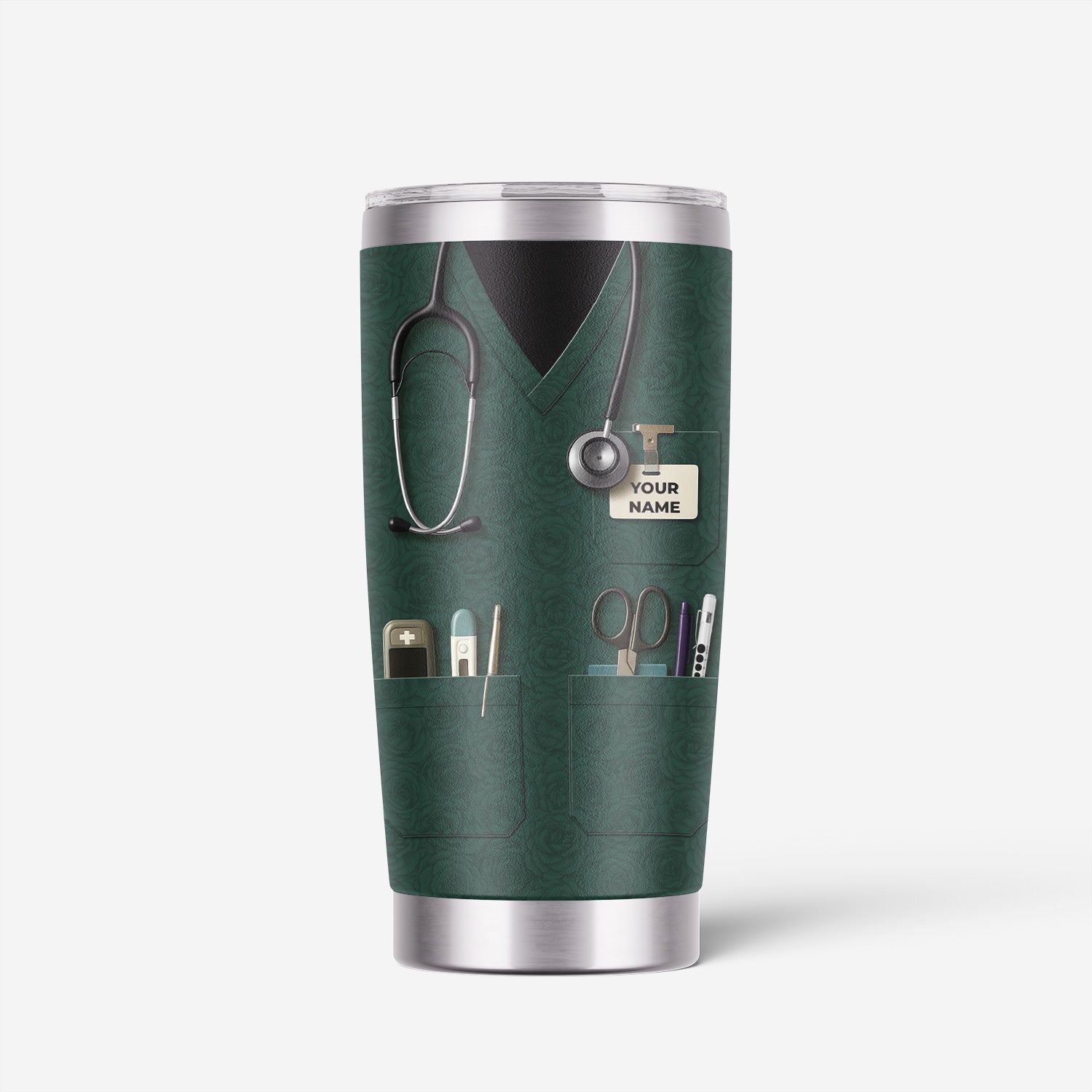 Custom Nurse Tumbler with Name - Green Scrubs Travel Mug with Medical Tools - Gift for RN CNA LPN Nursing Student