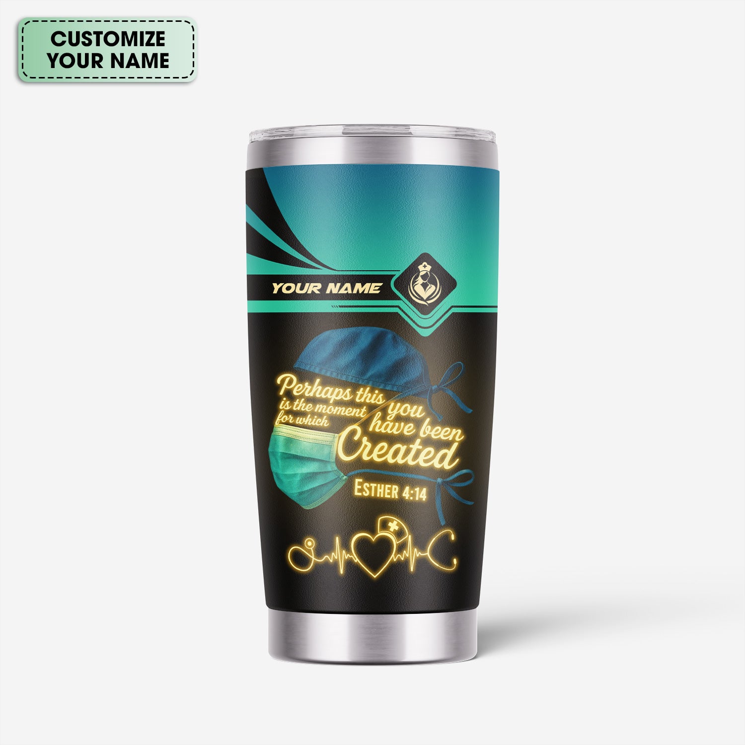 Custom Nurse Tumbler with Mask & Scripture - Perhaps You Were Created for This Moment - RN LPN CNA Gift