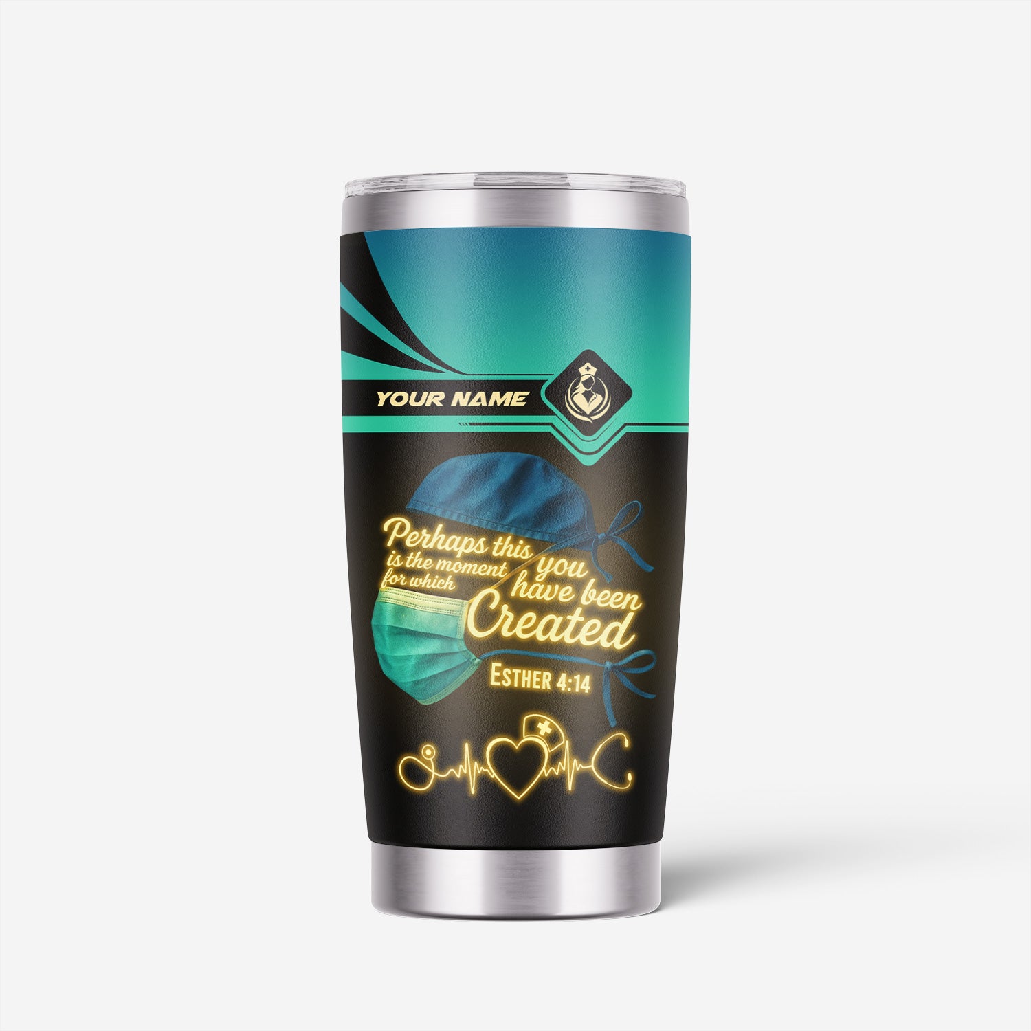 Custom Nurse Tumbler with Mask & Scripture - Perhaps You Were Created for This Moment - RN LPN CNA Gift