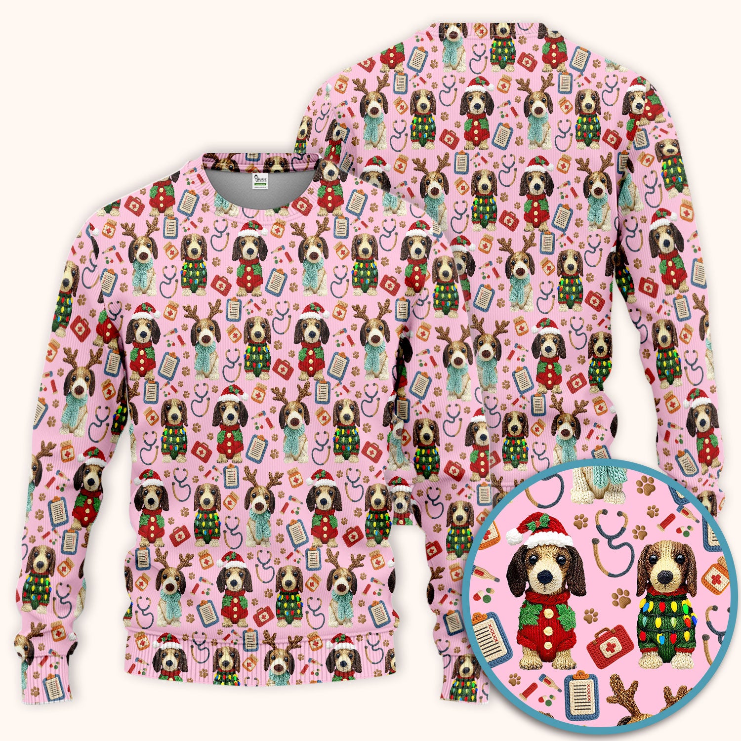 Christmas Wiener Dog Scrubs Set for Women - Cute Dachshund Christmas Scrub Pants and V Neck Top - Puppy Lover Medical Uniform Gift