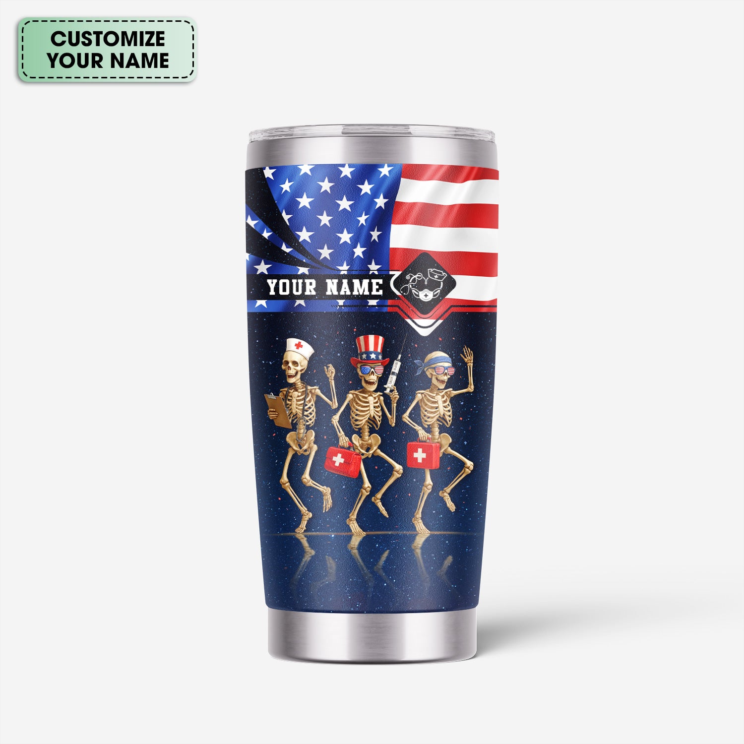 Personalized Skeleton Nurse Tumbler - 4th of July USA Flag Design - Funny Gift for RN LPN CNA Healthcare Workers