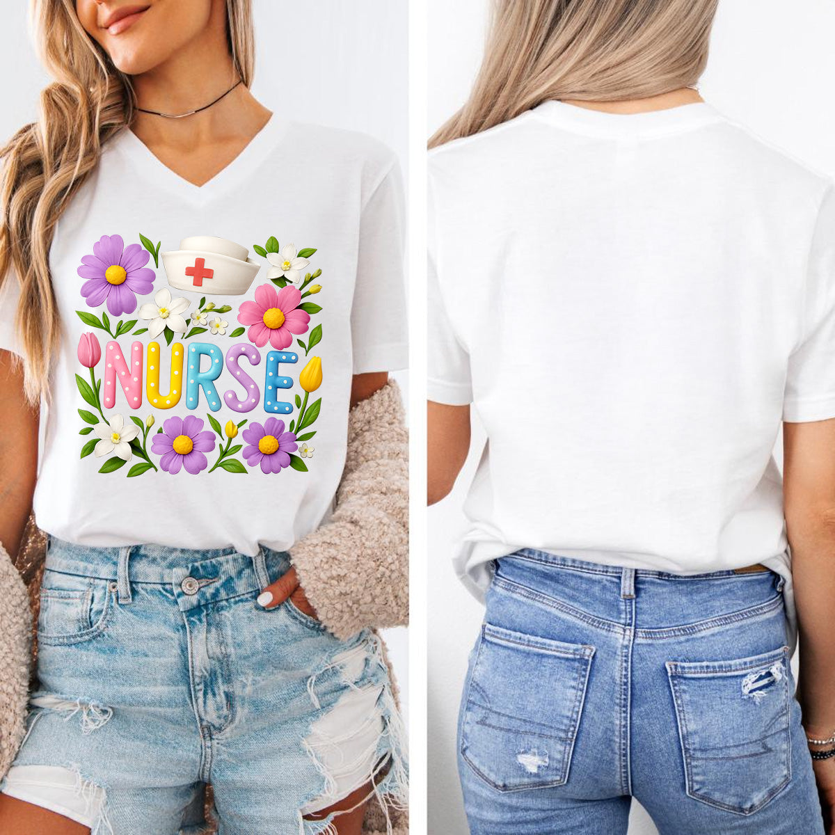 Cute Floral Nurse Shirt for Women – Colorful Spring Design with Hat & Flowers – Appreciation Gift for RN CNA LPN