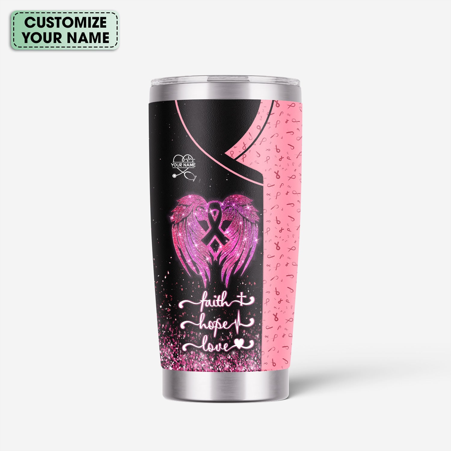 Custom Breast Cancer Awareness Tumbler - Faith Hope Love & Angel Wings - Gift for RN LPN CNA Women