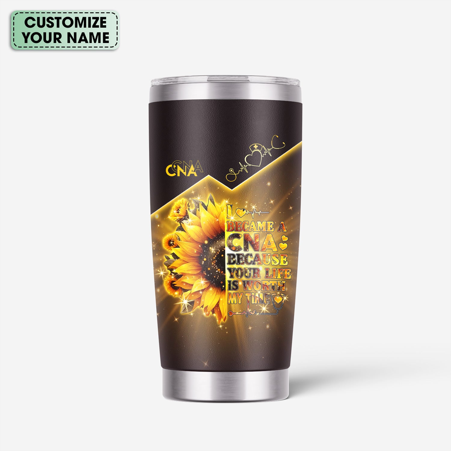Personalized CNA Floral Tumbler - Stethoscope Sunflower Graphic Design - Gift for RN LPN CNA
