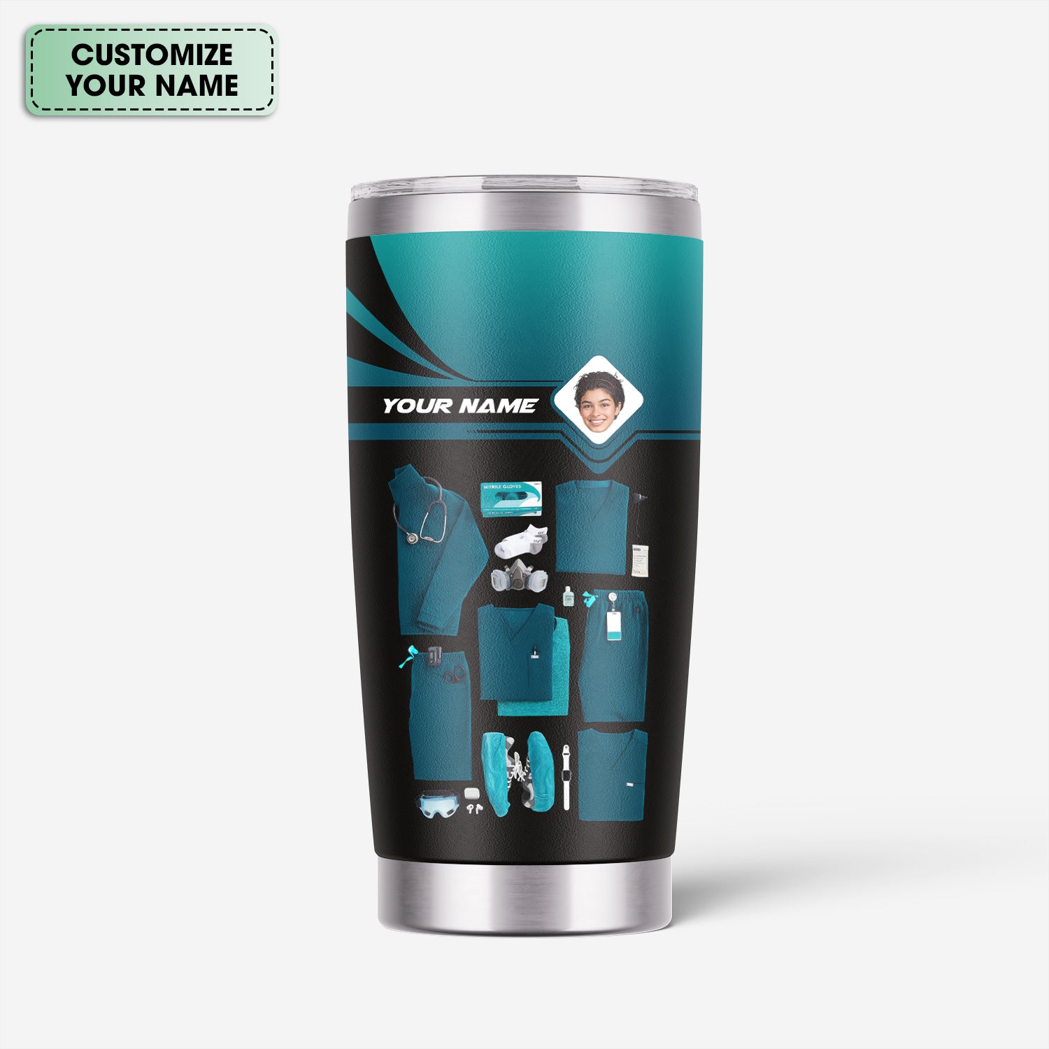 Personalized Nurse Tumbler with Scrubs & Tools - Custom Photo & Name - Gift for Healthcare Workers, RN, LPN - Multiple Scrub Colors Available