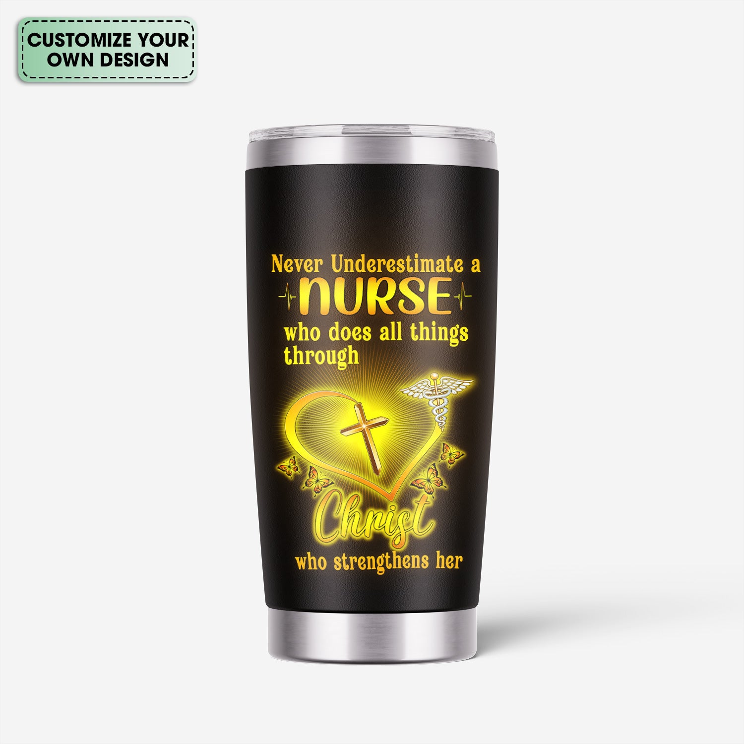 Personalized Religious Nurse Tumbler - Christian Quote with Cross & Butterfly Design - Inspirational Gift for Faithful RN LPN CNA Staff
