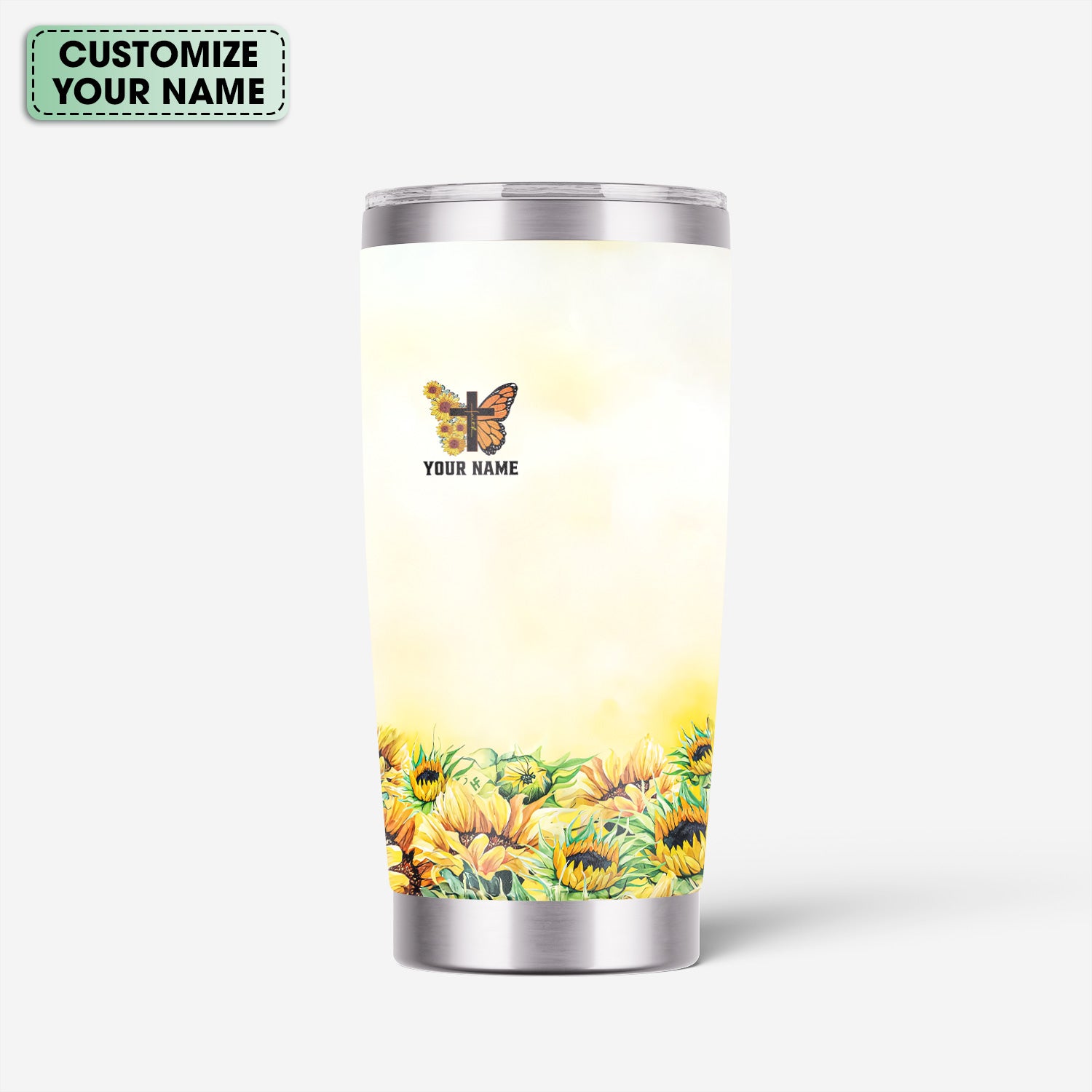 Personalized Christian Nurse Tumbler - Sunflower Butterfly Cross & Bible Verse - RN LPN CNA Healthcare Workers Gift