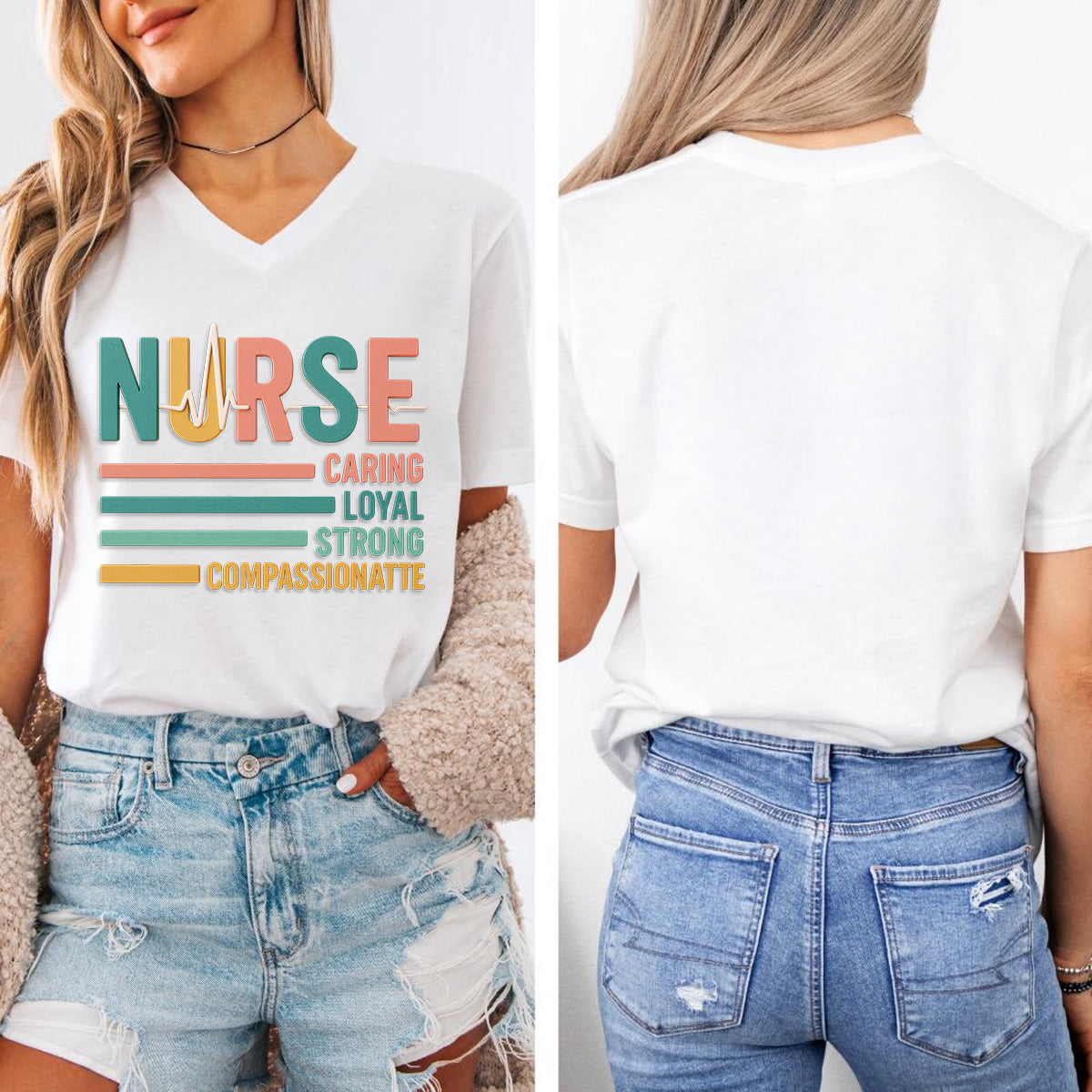 Personalized Caring Loyal Strong Nurse T-Shirt – Colorful Text RN Tee – Gift for Nurse Week Retirement RN CNA LPN